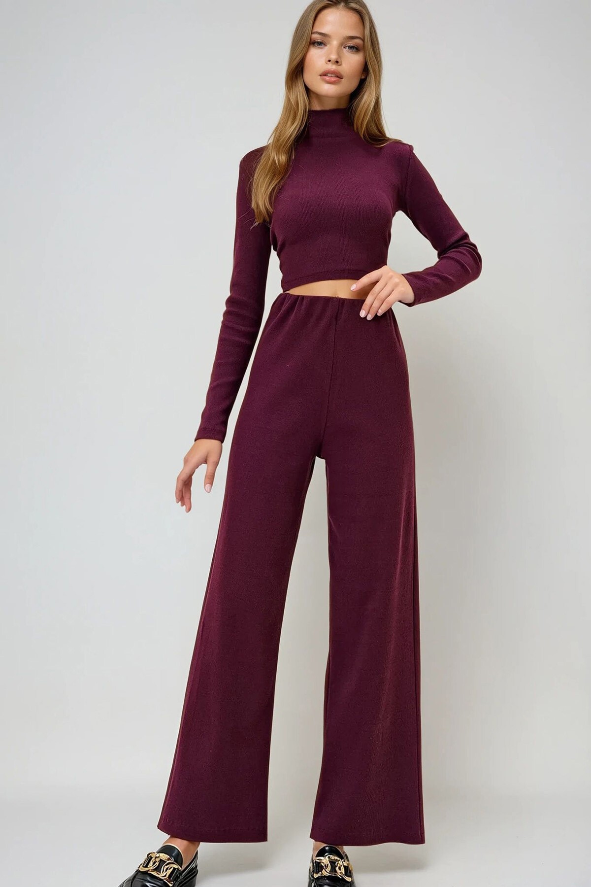 Bordo Dik Yaka Kaşkorse Krop Bluz Ve Pantolon Takım