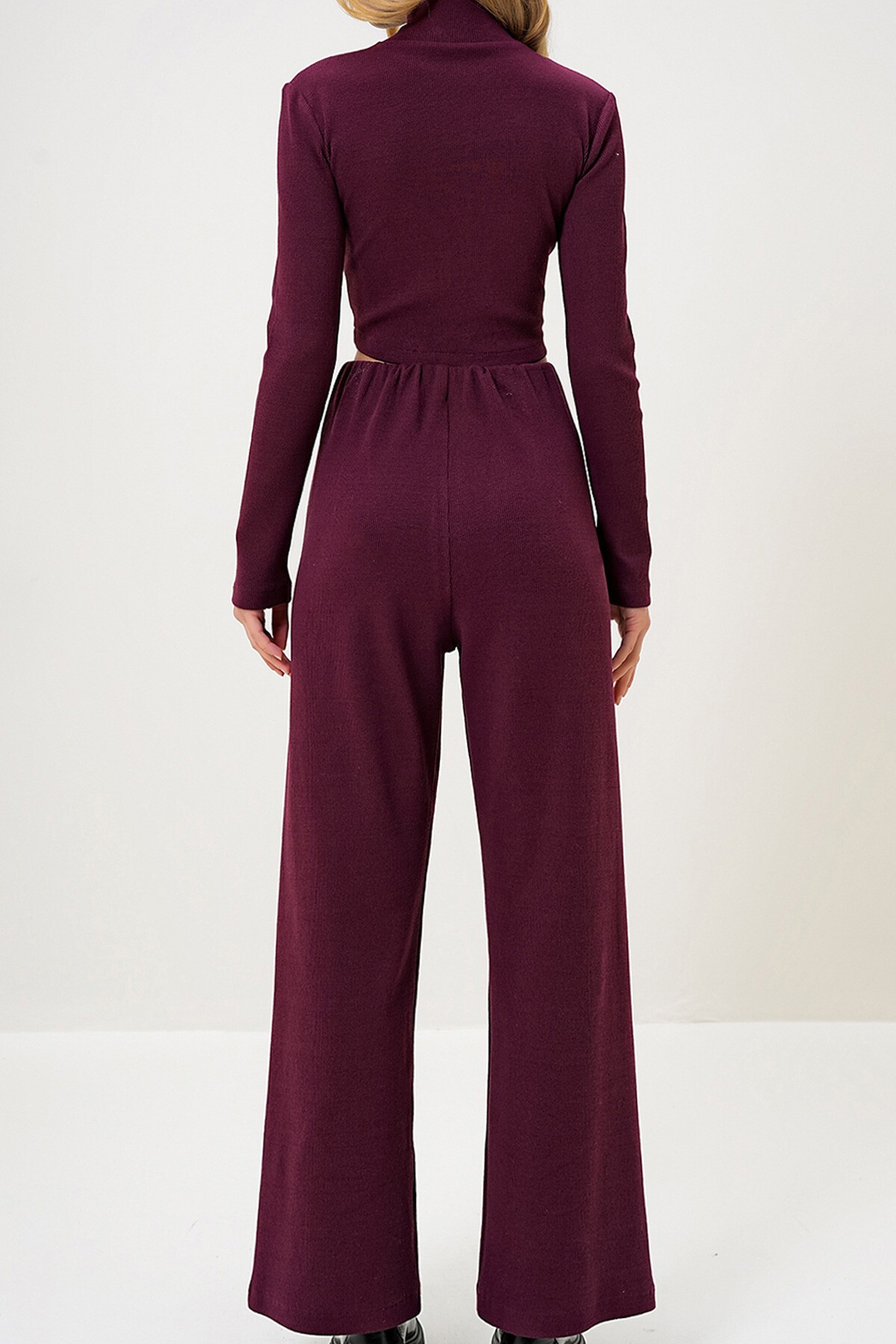 Bordo Dik Yaka Kaşkorse Krop Bluz Ve Pantolon Takım