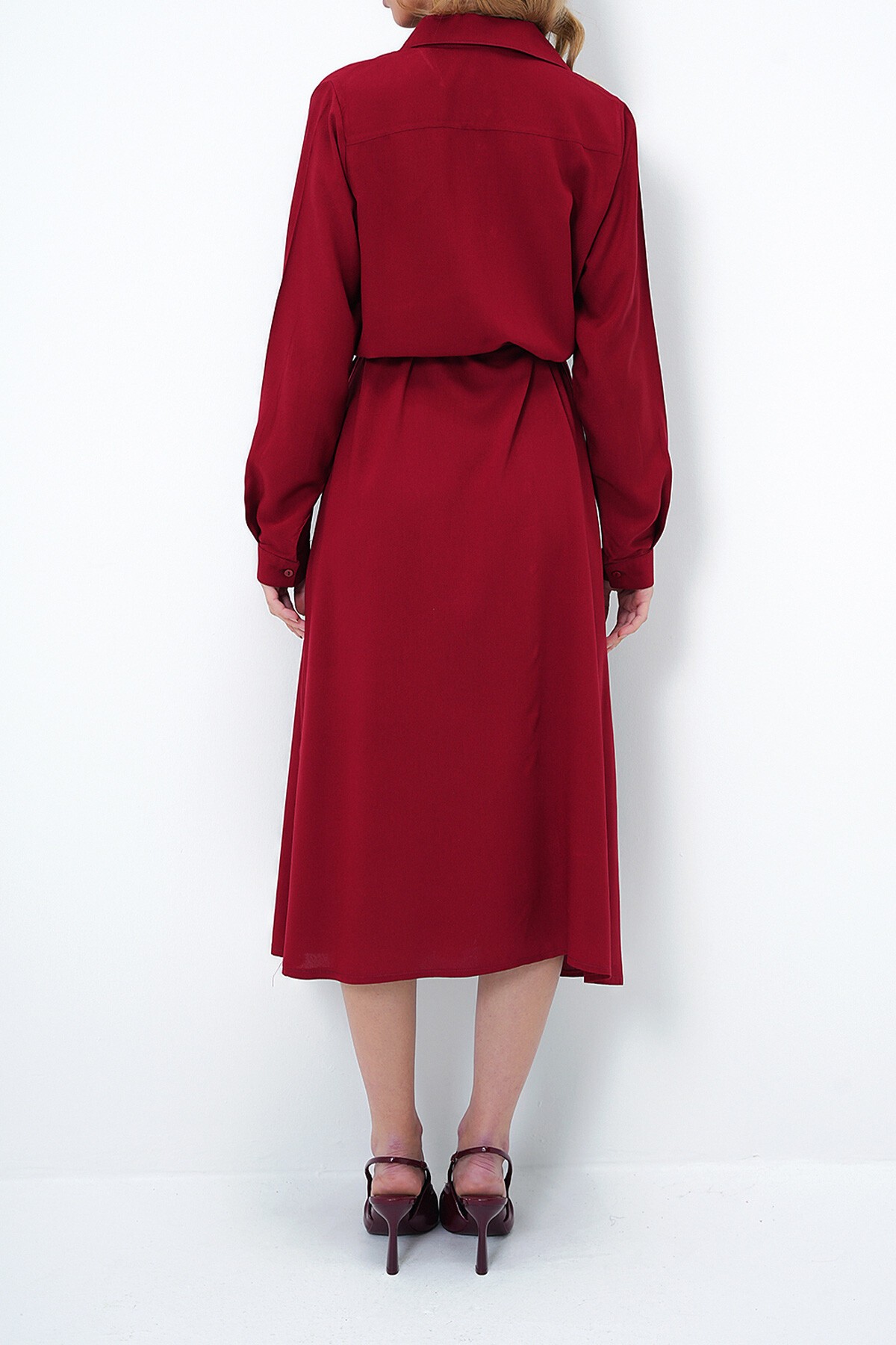 Bordo Dokuma Viskon Gömlek Elbise