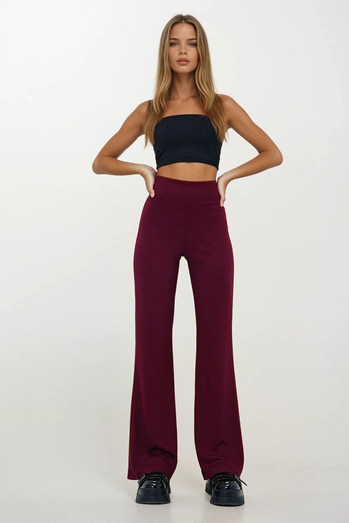 Bordo Geniş Kemerli Modal Kumaş İspanyol Paça Tayt Pantolon