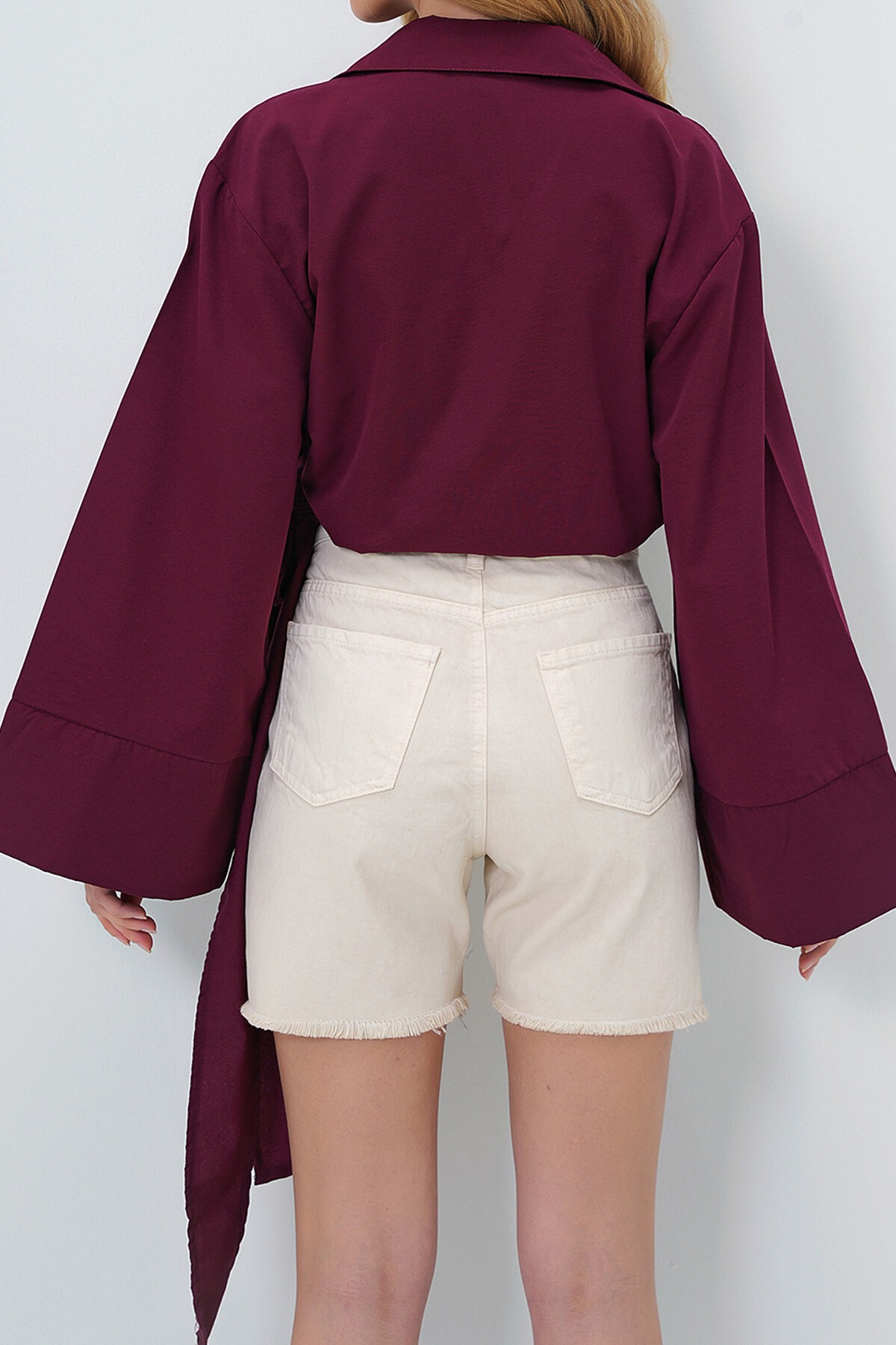 Bordo Geniş Manşetli Kol Detaylı Önü Bağlamalı Poplin Gömlek