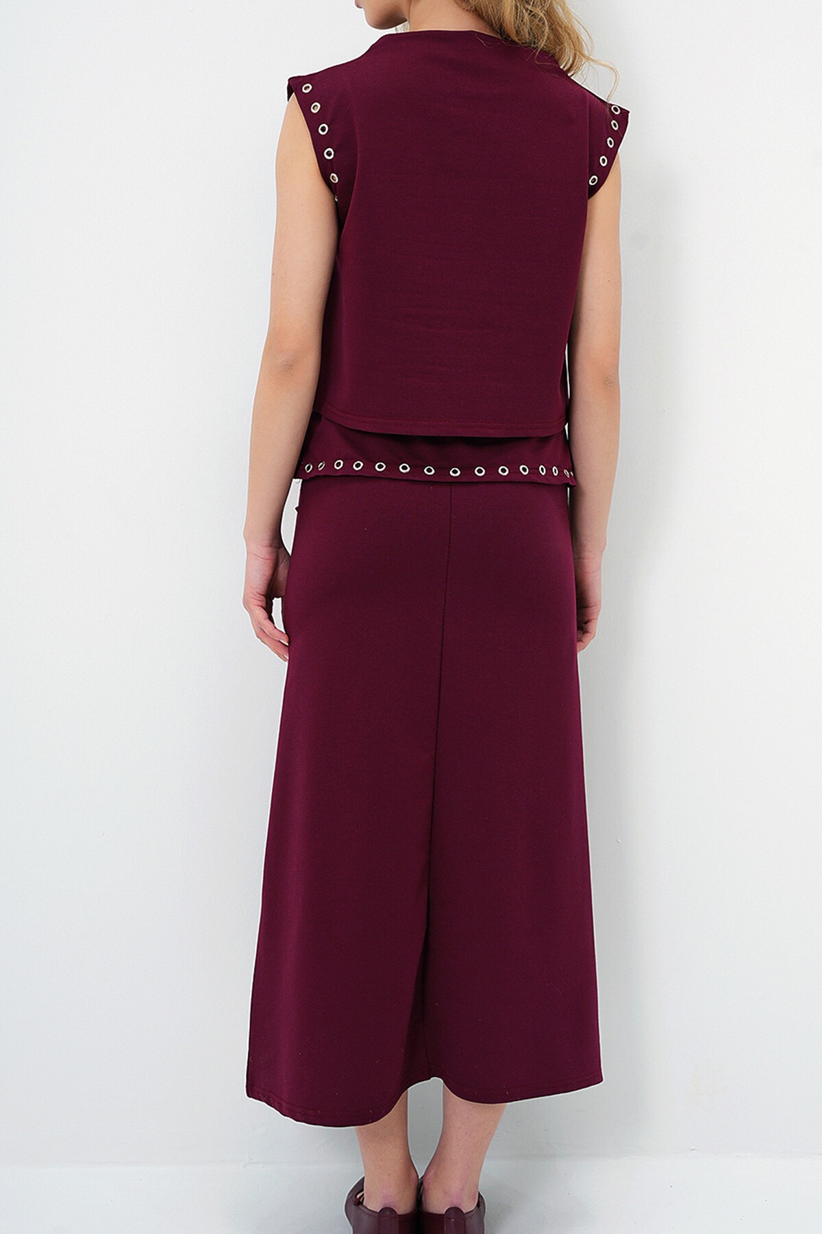 Bordo Halkalı Dik Yaka Bluz Ve Etek Takım