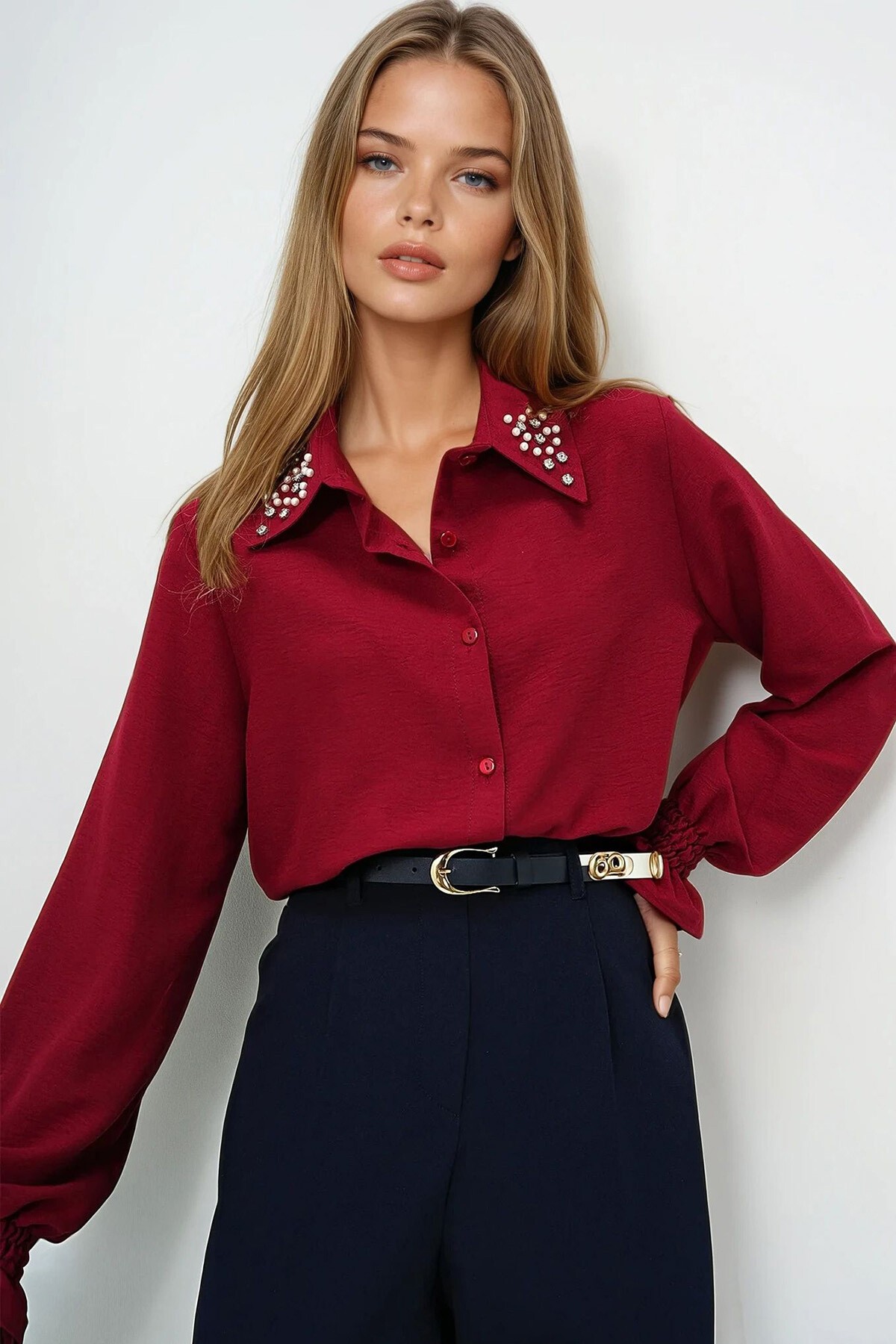 Bordo İnci Ve Taş İşlemeli Aerobin Gömlek