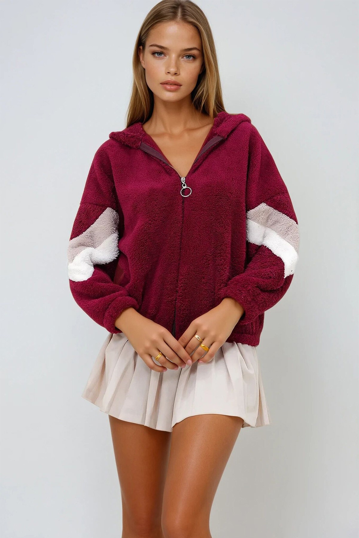 Bordo Kapüşonlu Fermuarlı Kolları Renk Bloklu Oversize Peluş Sweatshirt