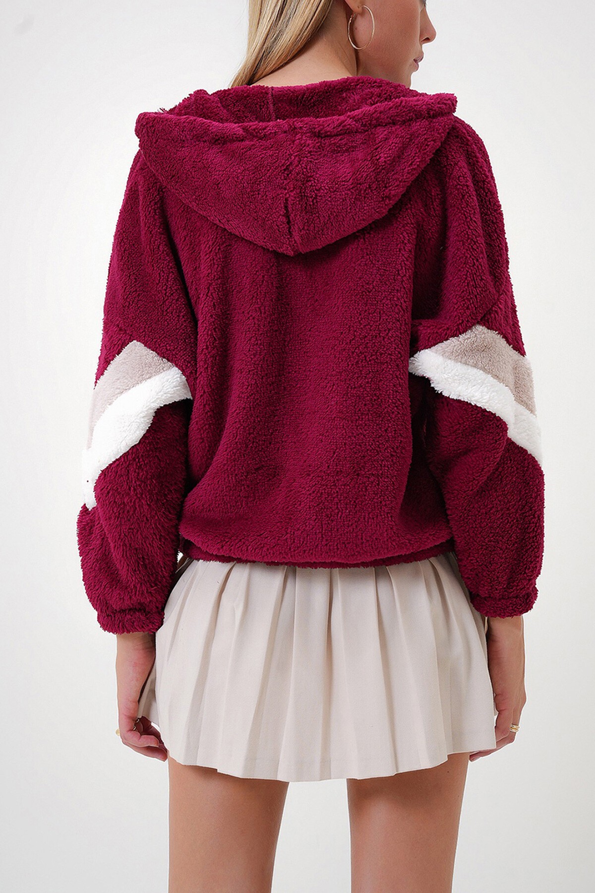 Bordo Kapüşonlu Fermuarlı Kolları Renk Bloklu Oversize Peluş Sweatshirt