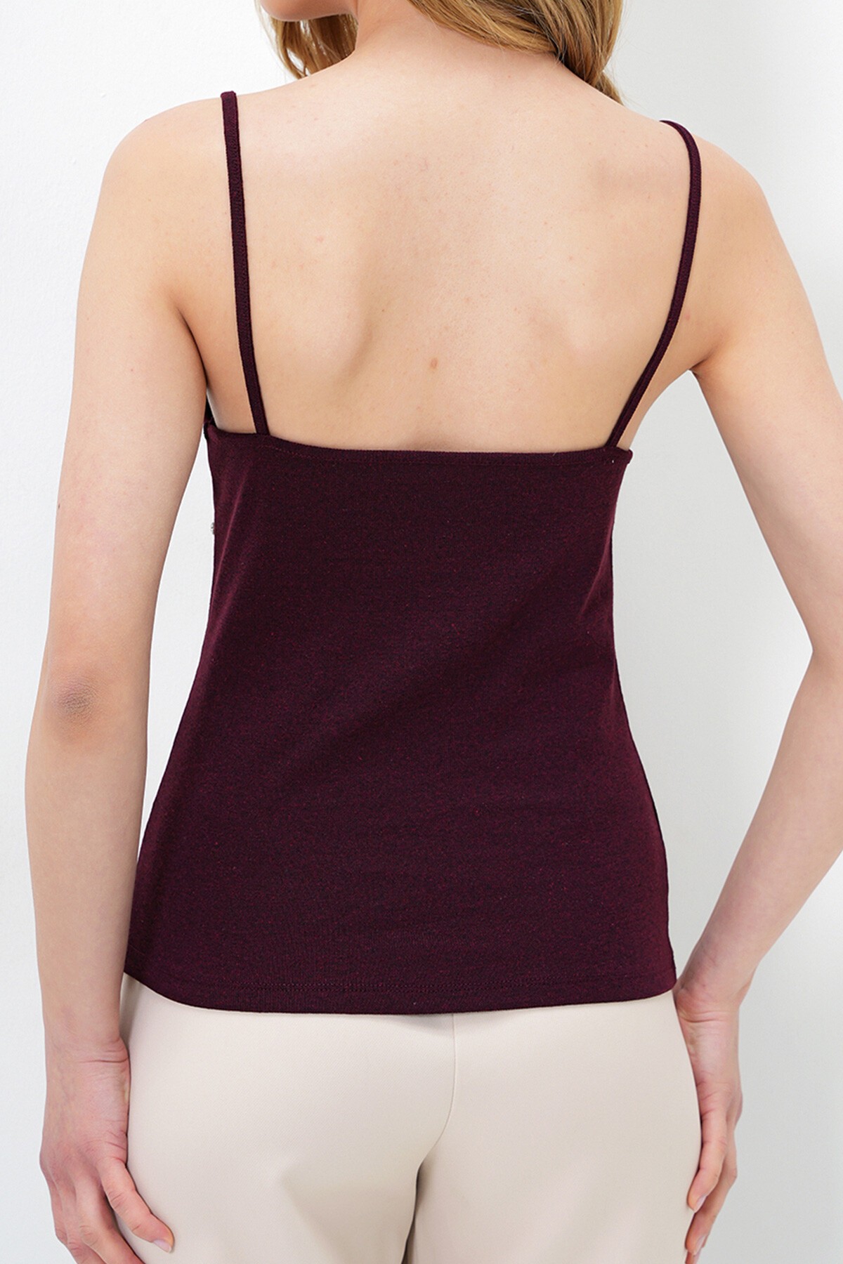 Bordo Kare Yaka Trok Taş Çakımlı İp Askılı Bluz