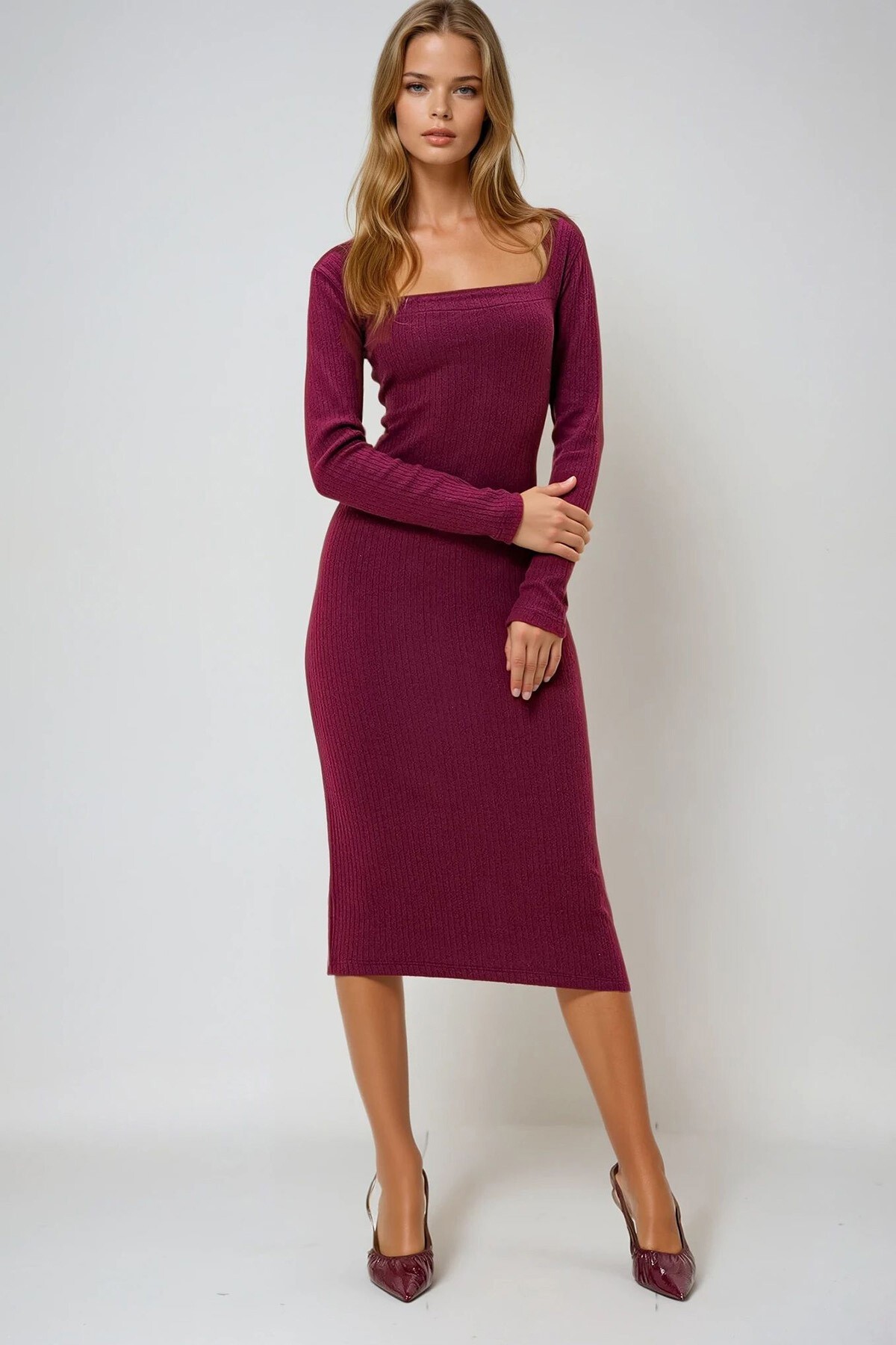 Bordo Kare Yaka Uzun Kol Midi Boy İnterlok Kumaş  Elbise