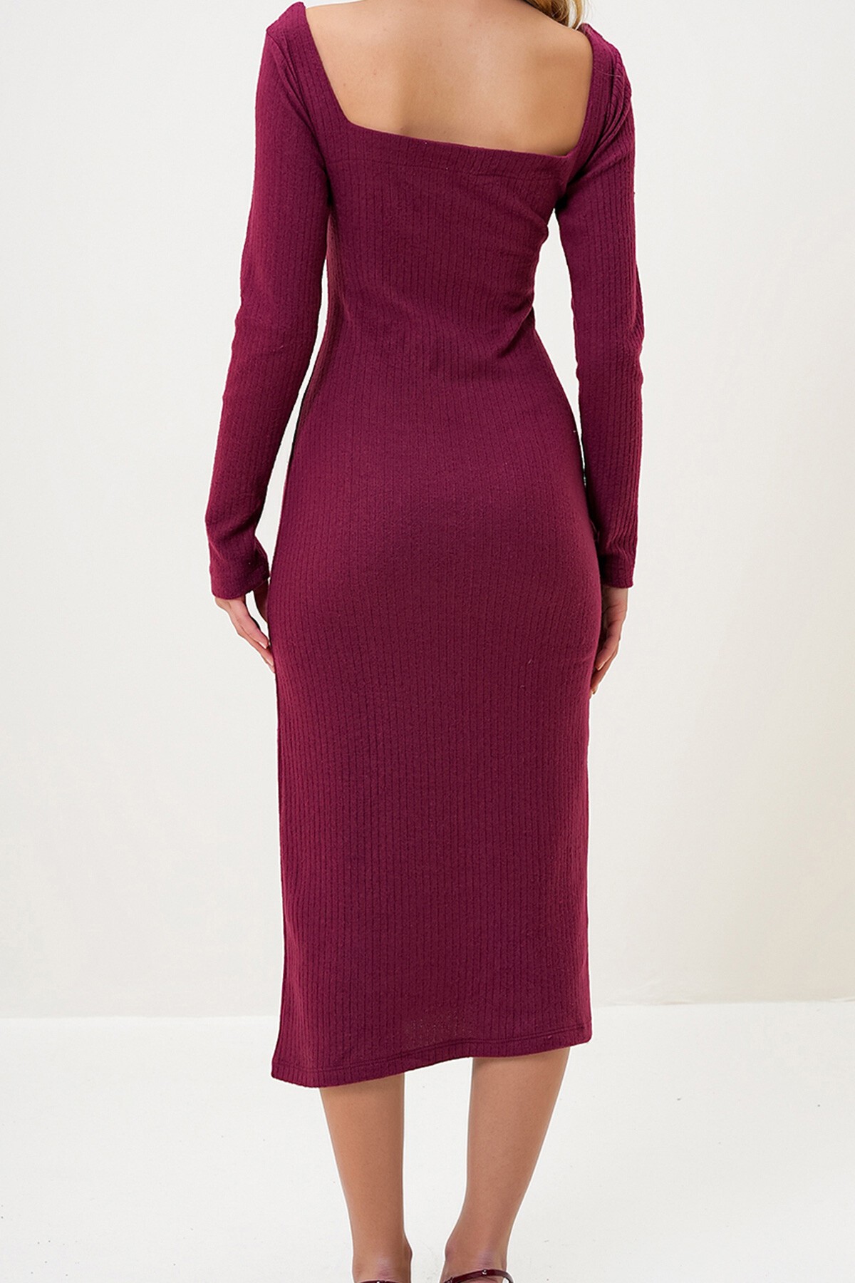 Bordo Kare Yaka Uzun Kol Midi Boy İnterlok Kumaş  Elbise