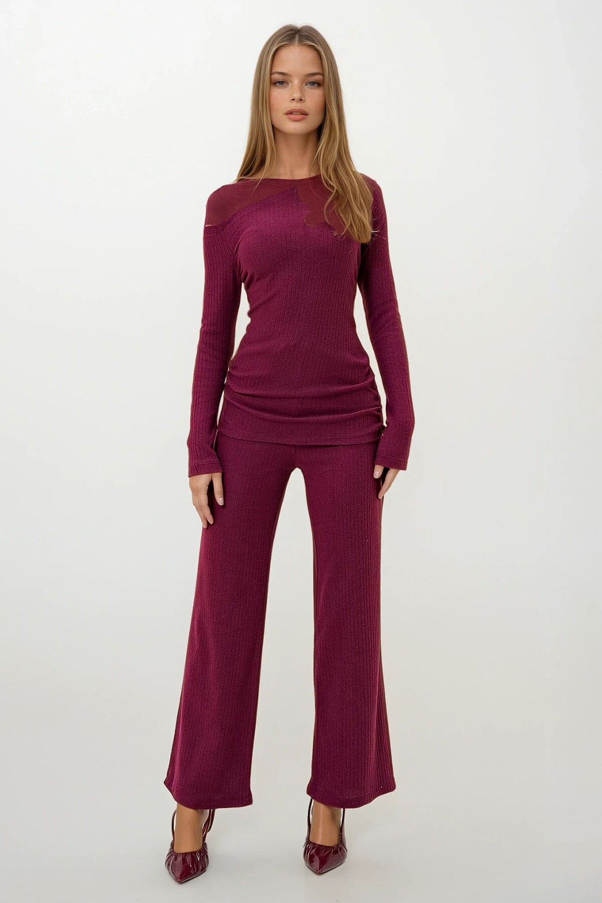 Bordo Kayık Yaka Yanları Drapeli İnterlok Kumaş Bluz Ve Pantolon Takım