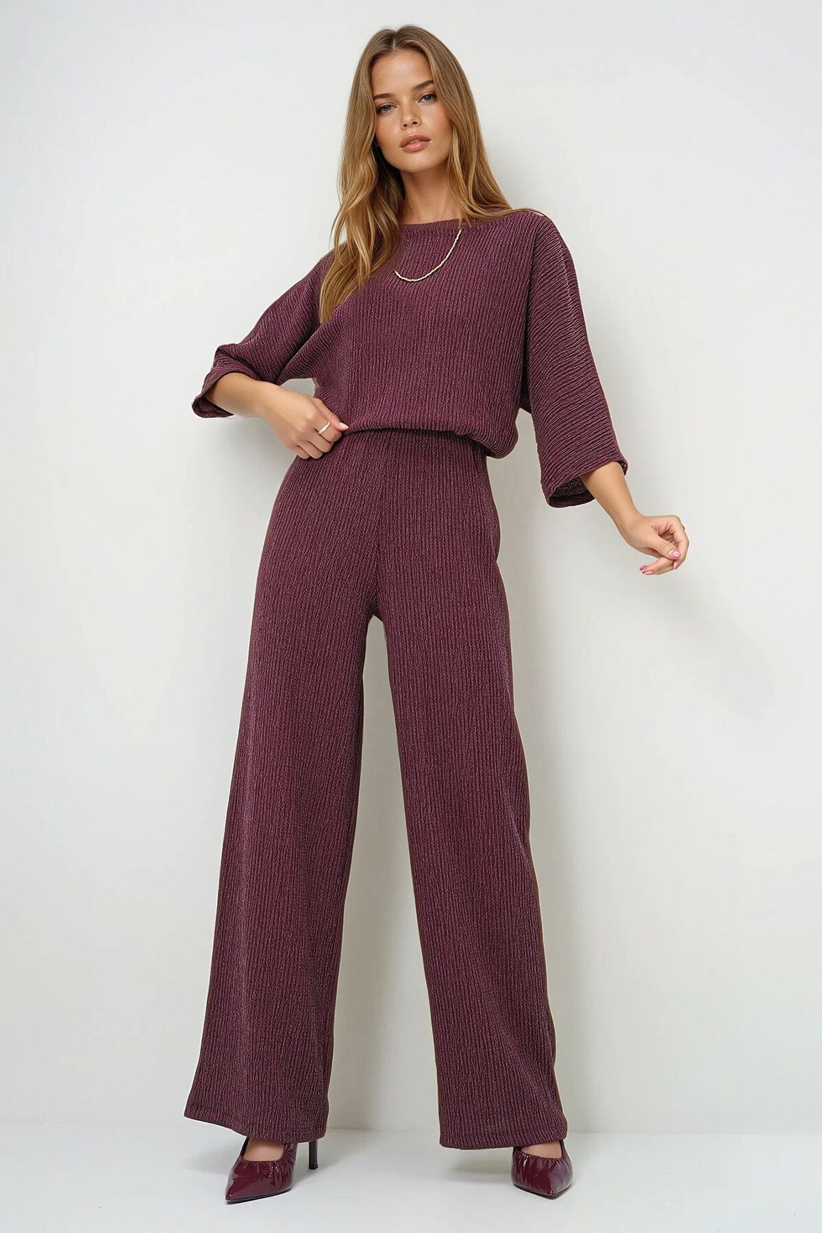 Bordo Kayık Yaka Yarasa Kol Salaş Bluz Ve Palazzo Pantolon Bürümcük Takım
