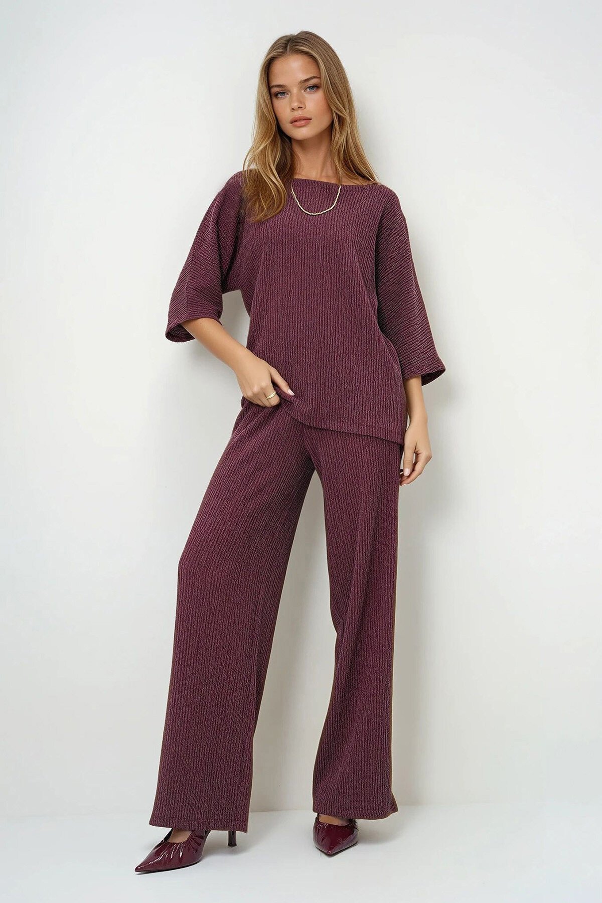 Bordo Kayık Yaka Yarasa Kol Salaş Bluz Ve Palazzo Pantolon Bürümcük Takım