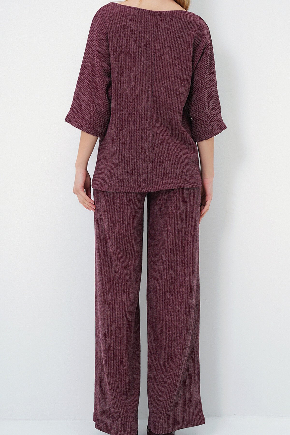 Bordo Kayık Yaka Yarasa Kol Salaş Bluz Ve Palazzo Pantolon Bürümcük Takım