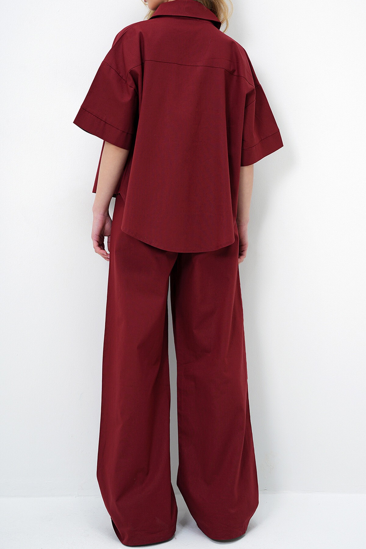Bordo Keten Gömlek Ve Palazzo Pantolon Takım