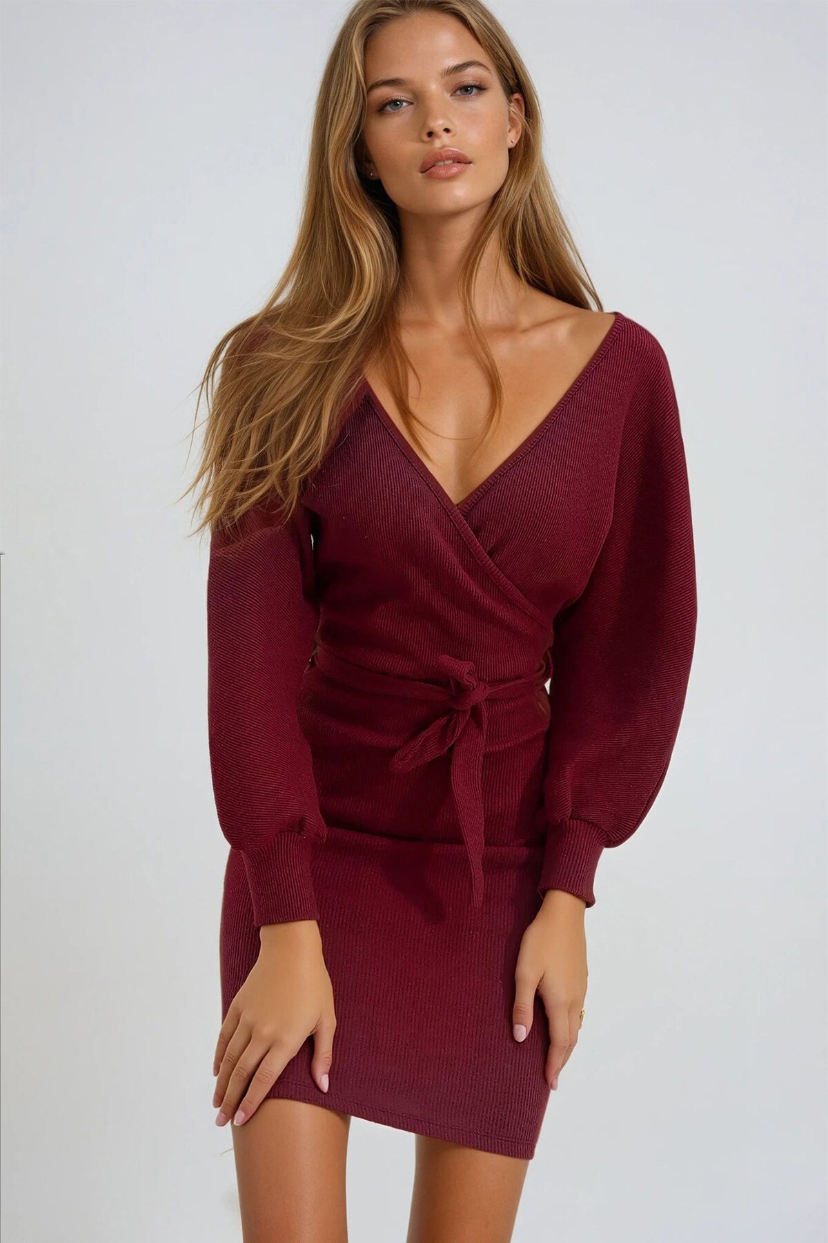 Bordo Kruvaze Yaka Yarasa Kollu Beli Kemerli Kaşkorse Elbise