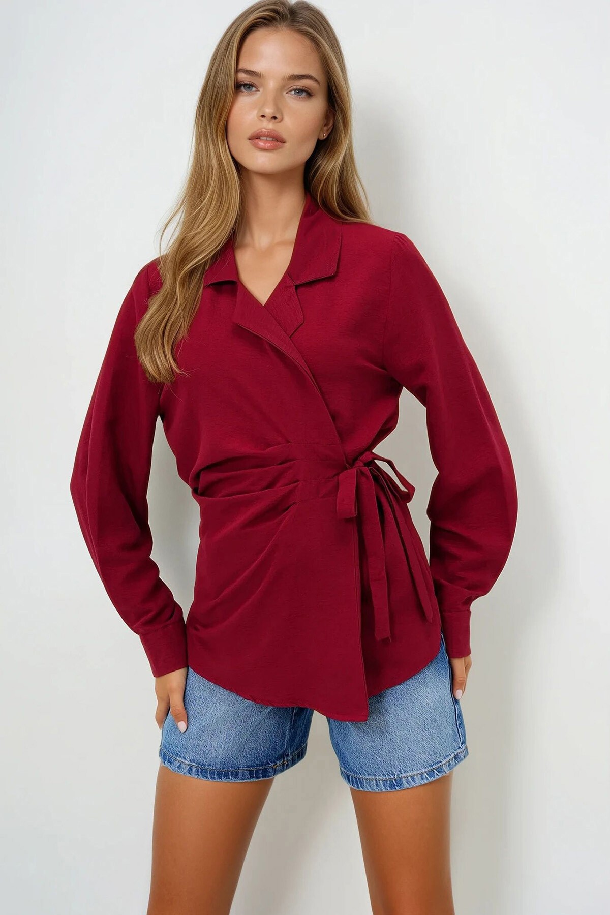 Bordo Manşet Kollu Bağlama Detaylı Regular Normal Kalıp Dokuma Gömlek