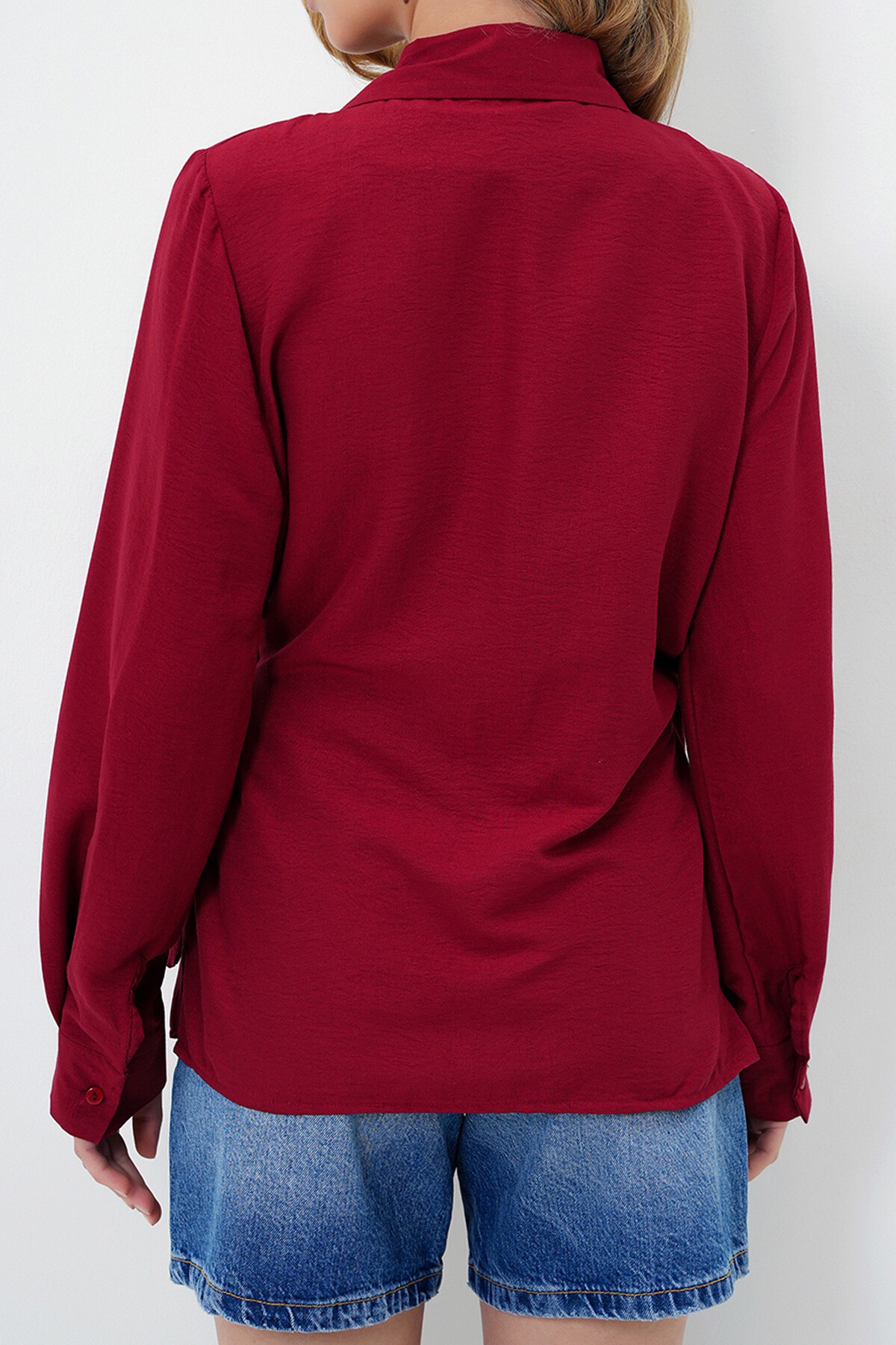 Bordo Manşet Kollu Bağlama Detaylı Regular Normal Kalıp Dokuma Gömlek