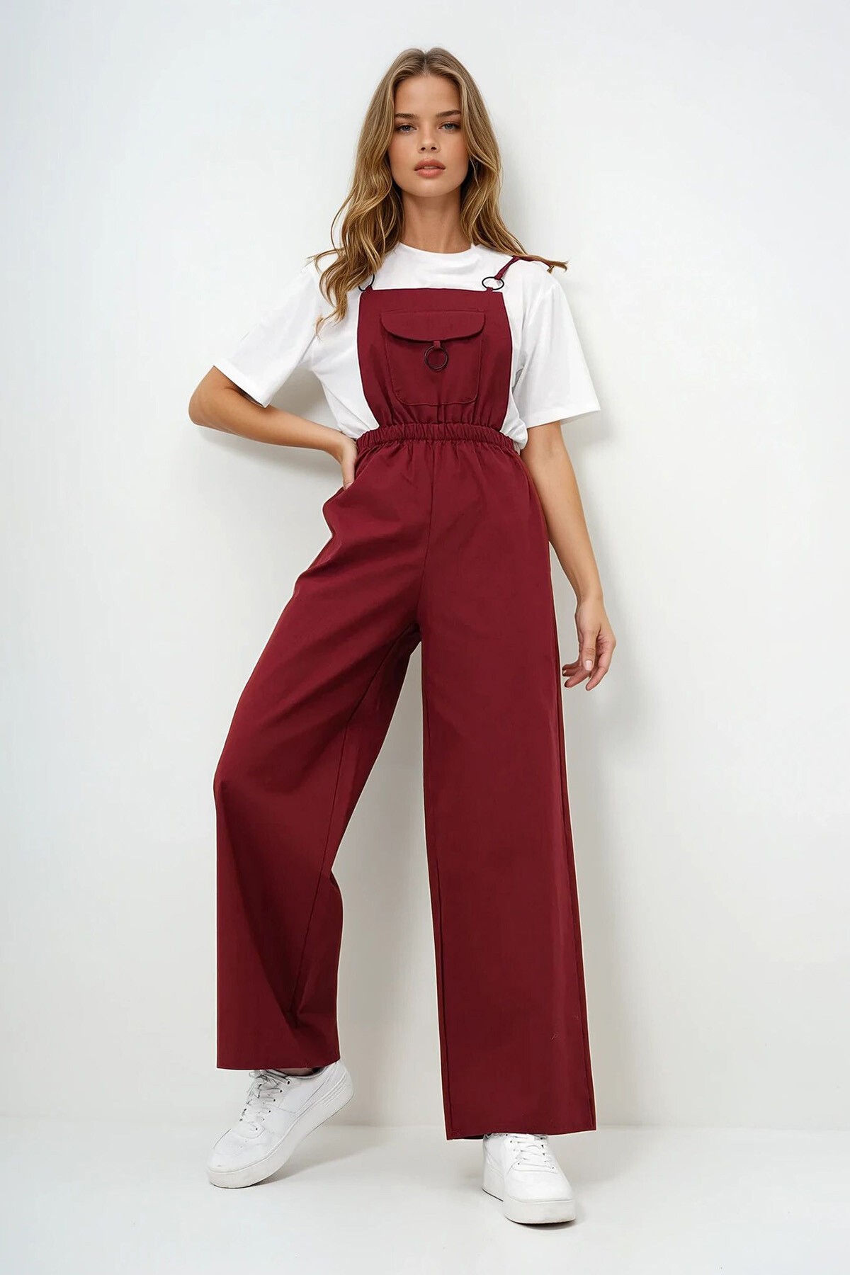 Bordo Önü Cepli Askılı Halka Detaylı Aerobin Salopet Pantolon