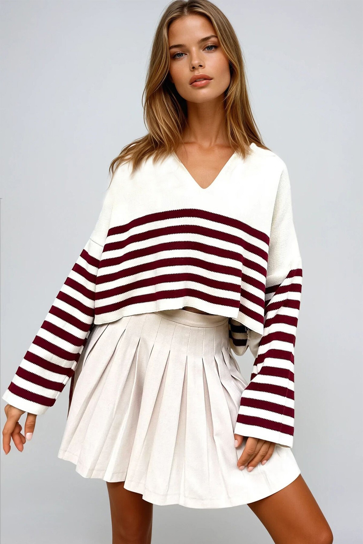 Bordo Polo Yaka Çizgili Crop Kazak