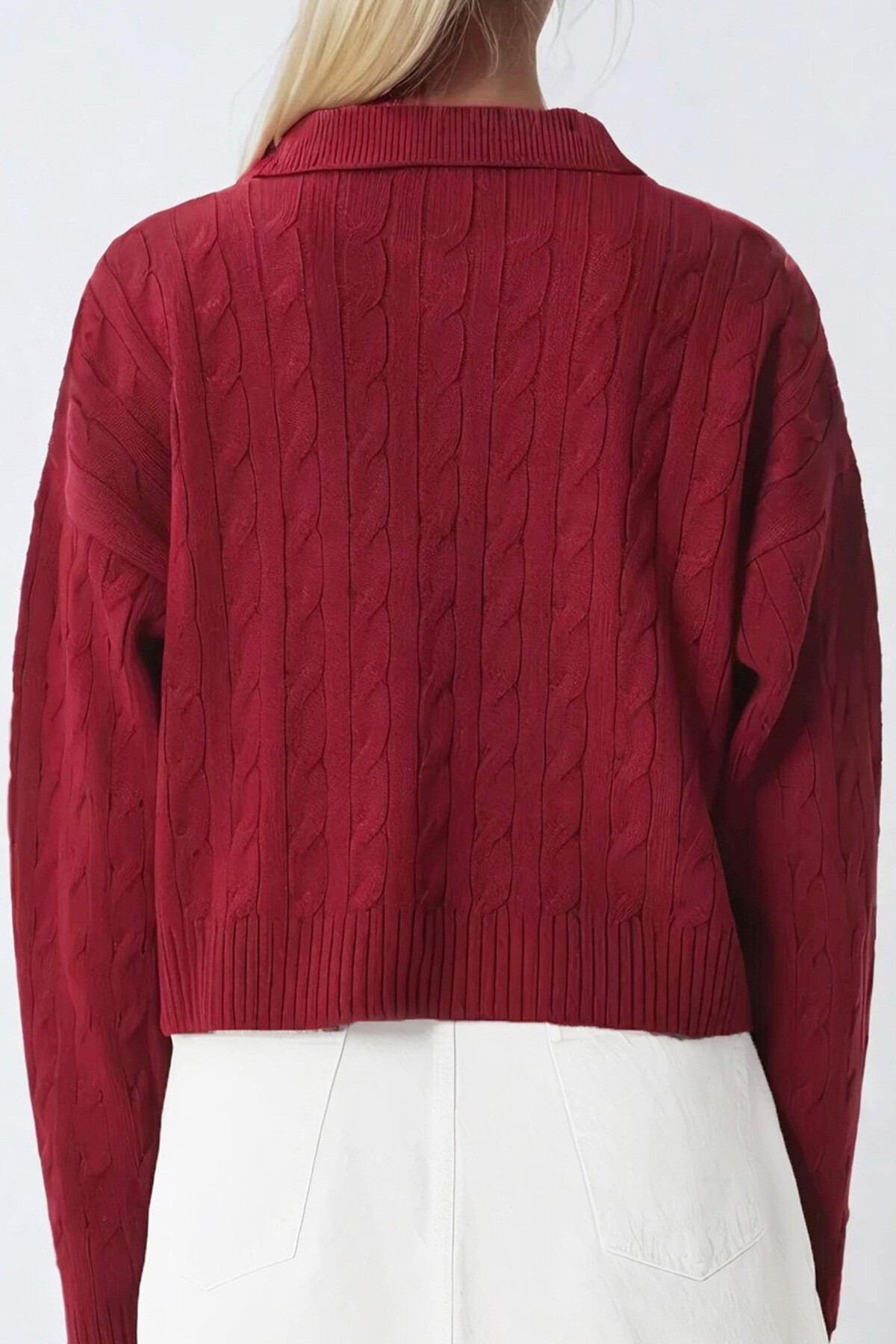 Bordo Polo Yaka Saç Örgü Desenli Ayıcıklı Triko Kazak