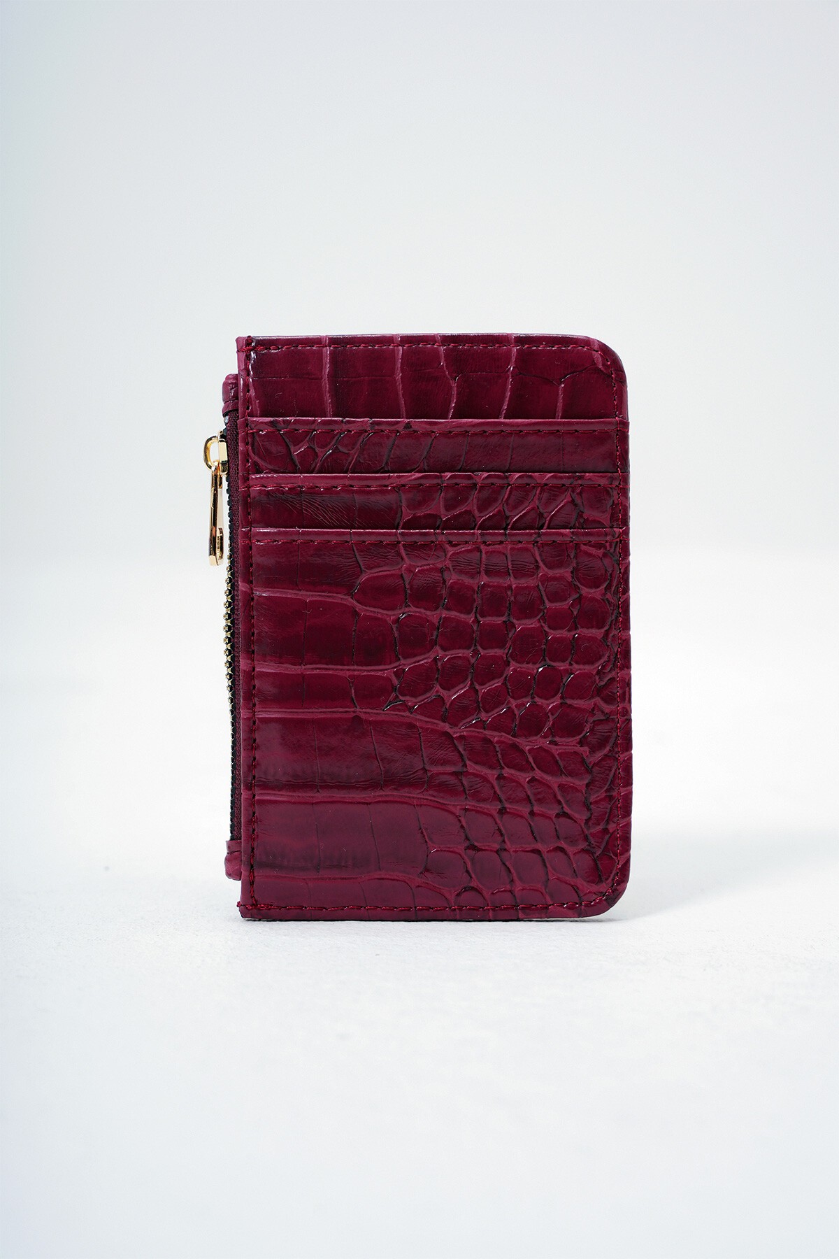 Bordo Suni Deri Bozuk Para Bölmeli Croco Desen Orta Boy Kartlık