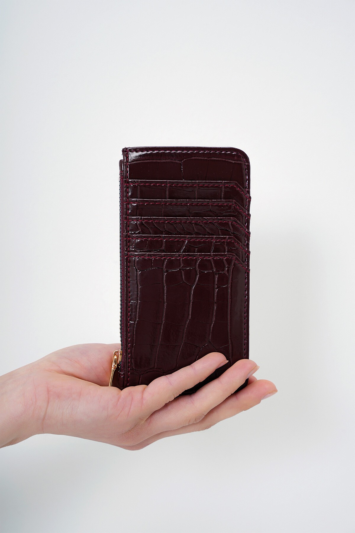 Bordo Suni Deri Fermuarlı Para Bölmeli Croco Desen İnce Kartlık