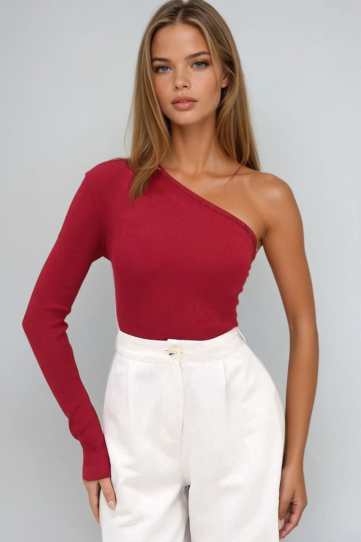 Bordo Tek Omuzu Açık Fitilli Örme Bluz