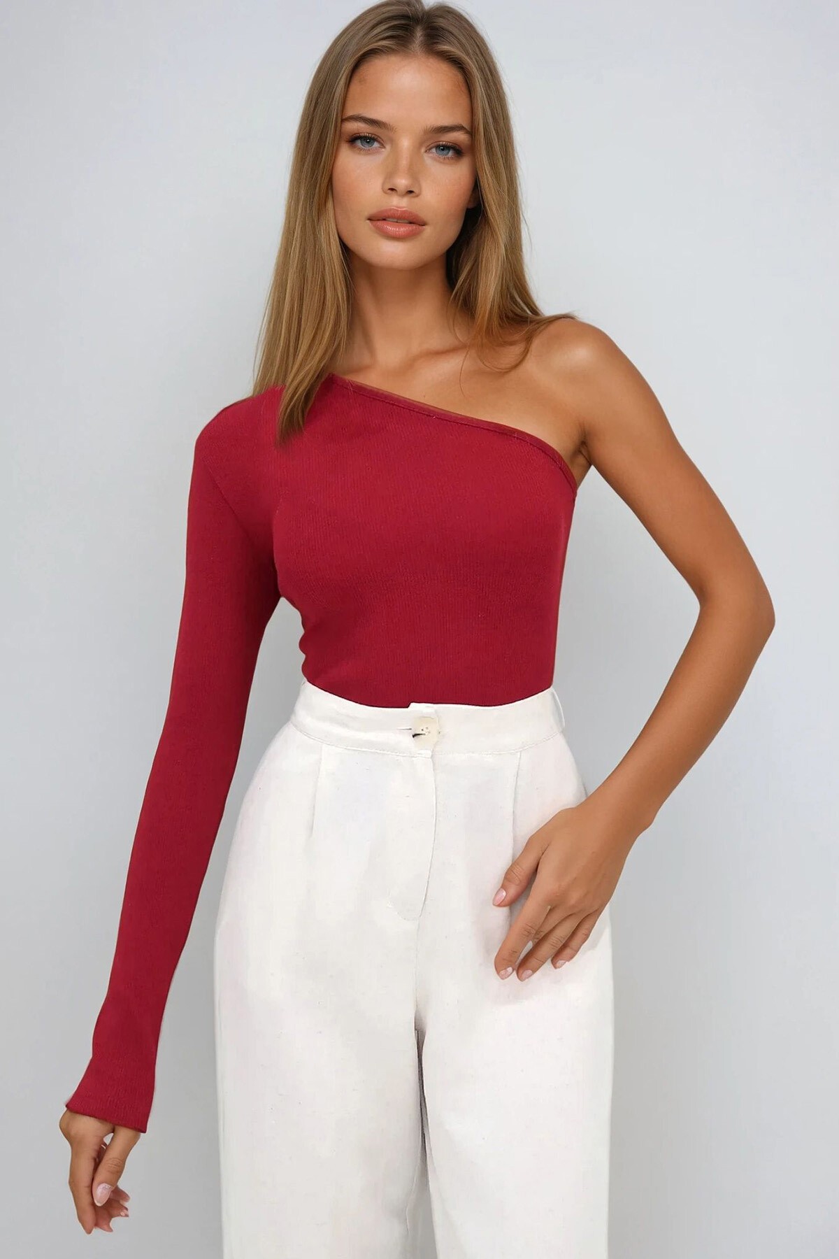 Bordo Tek Omuzu Açık Fitilli Örme Bluz