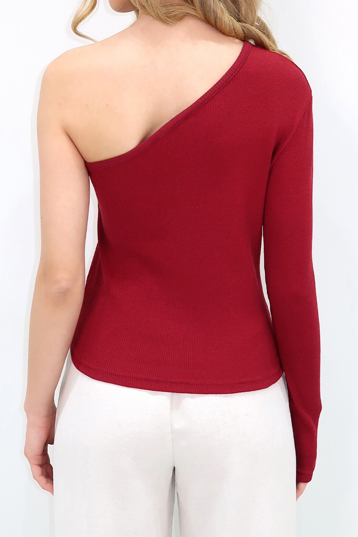Bordo Tek Omuzu Açık Fitilli Örme Bluz