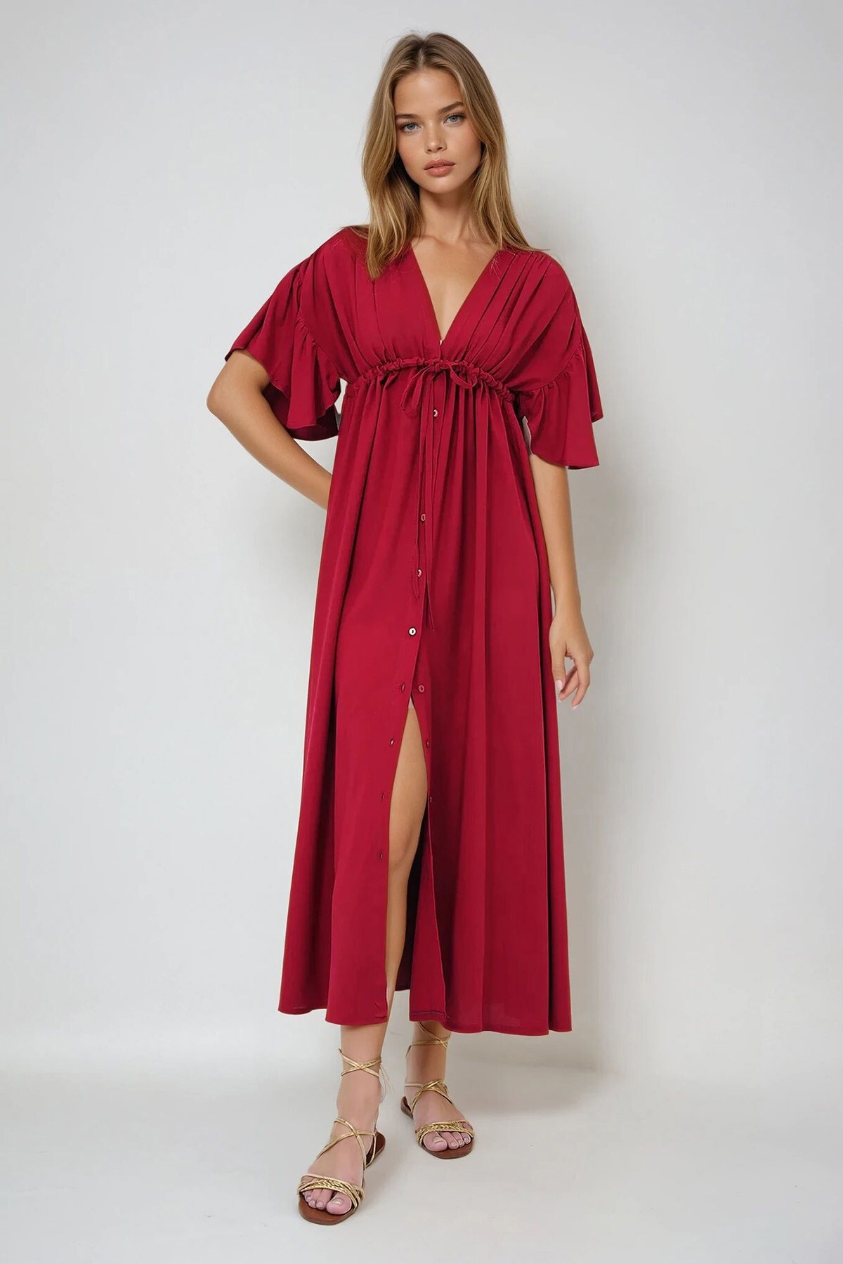 Bordo V Yaka Sırt Dekolteli Bağlama Detaylı Önü Düğmeli Yazlık Poplin Elbise