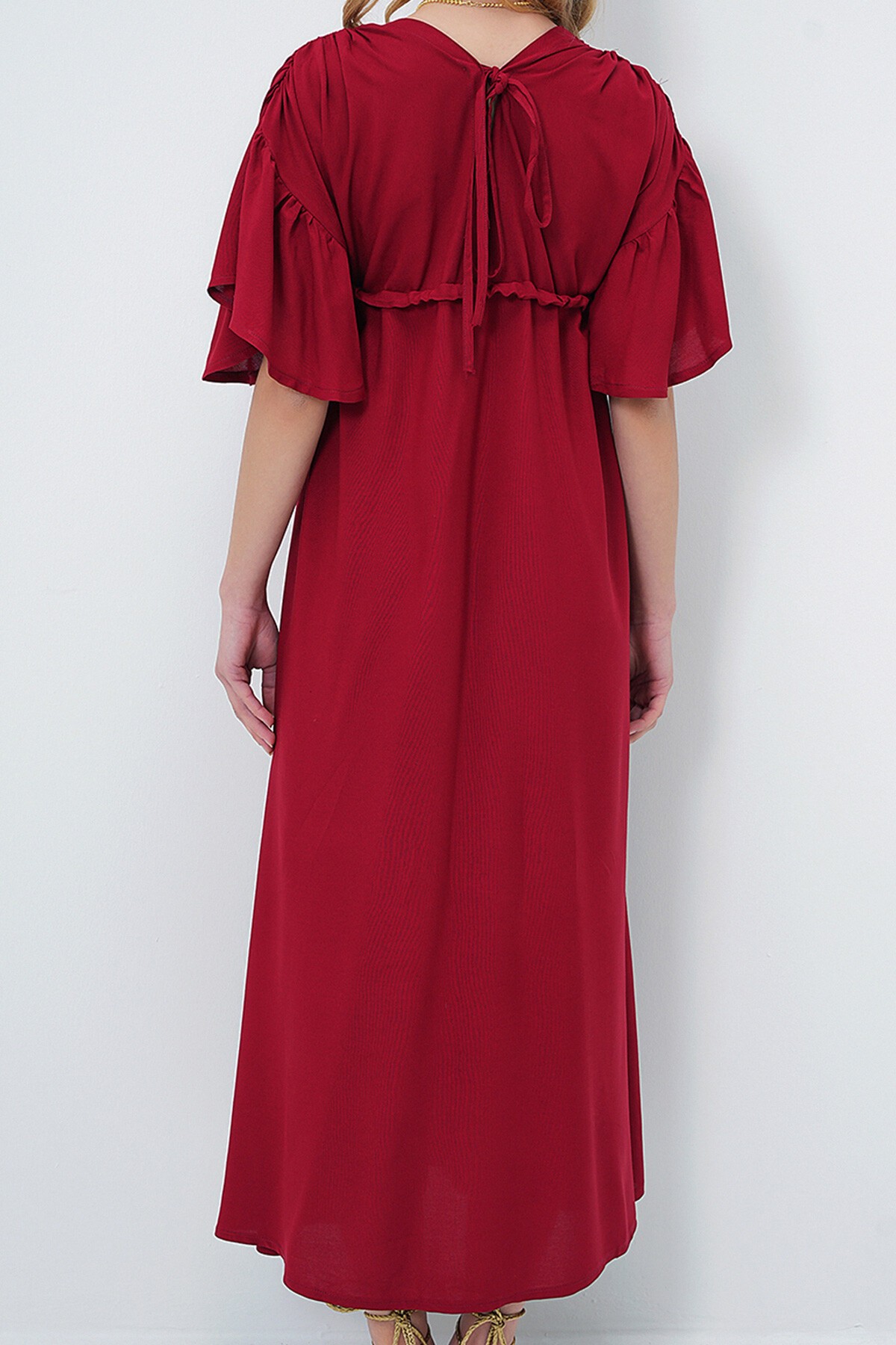 Bordo V Yaka Sırt Dekolteli Bağlama Detaylı Önü Düğmeli Yazlık Poplin Elbise