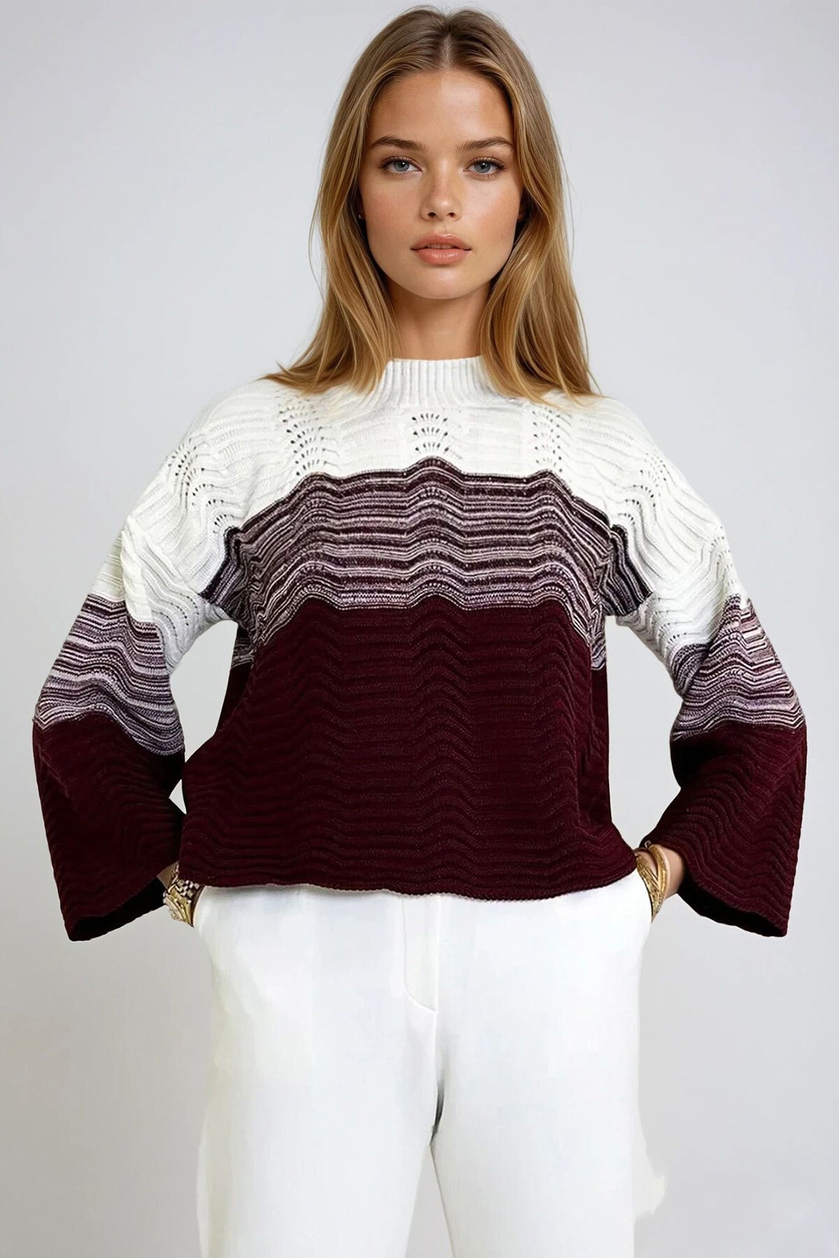 Bordo Yarım Balıkçı Ajurlu Ve Bloklu Triko Kazak