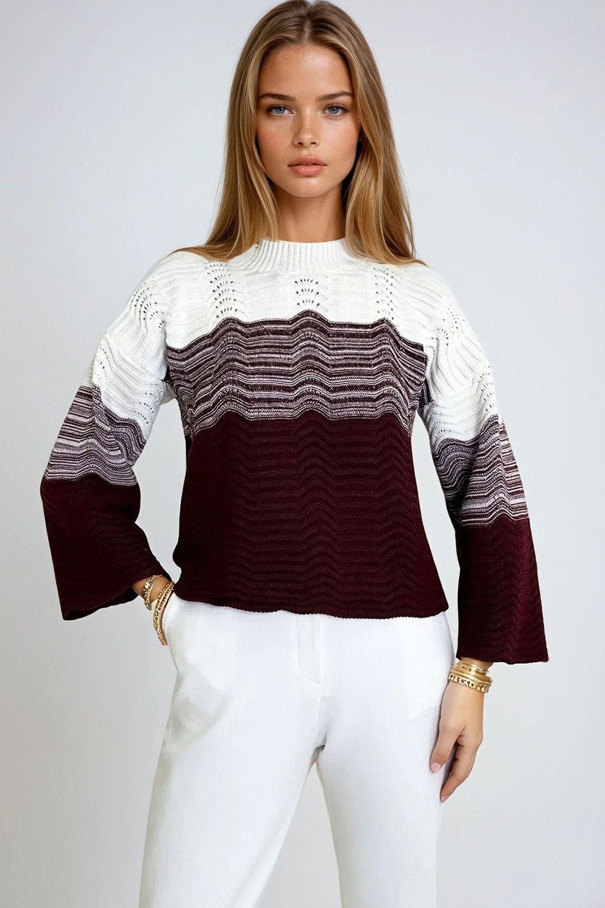 Bordo Yarım Balıkçı Ajurlu Ve Bloklu Triko Kazak