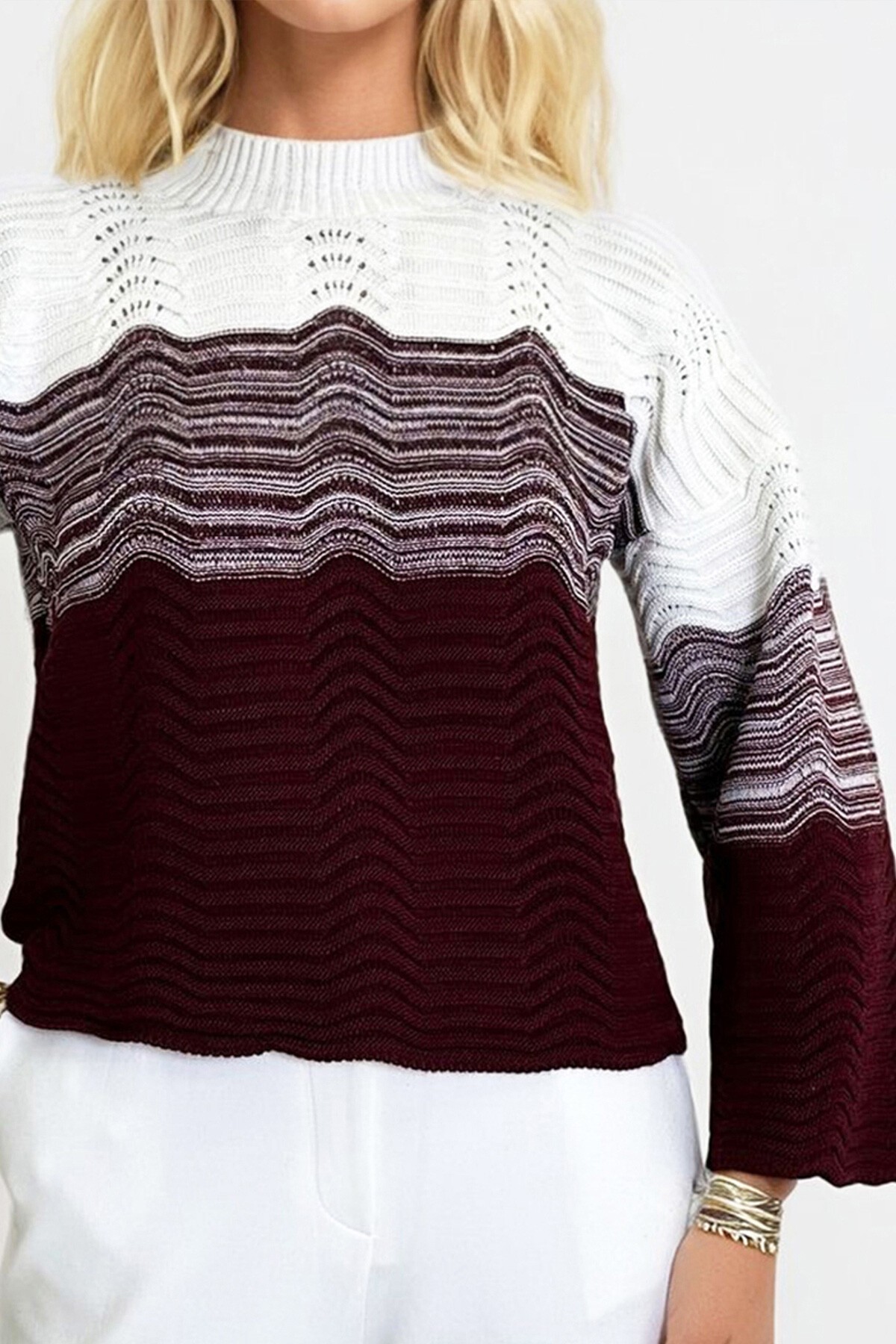 Bordo Yarım Balıkçı Ajurlu Ve Bloklu Triko Kazak