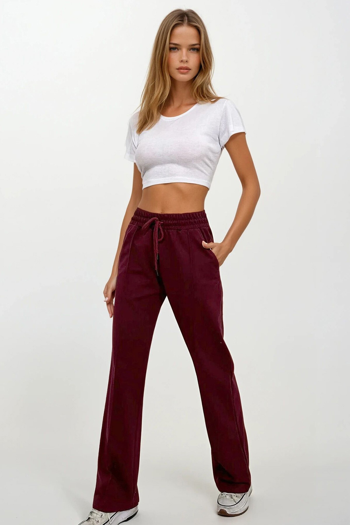 Bordo Yüksek Bel Önü Çimalı Bol Paça Çift Cepli Eşofman Altı