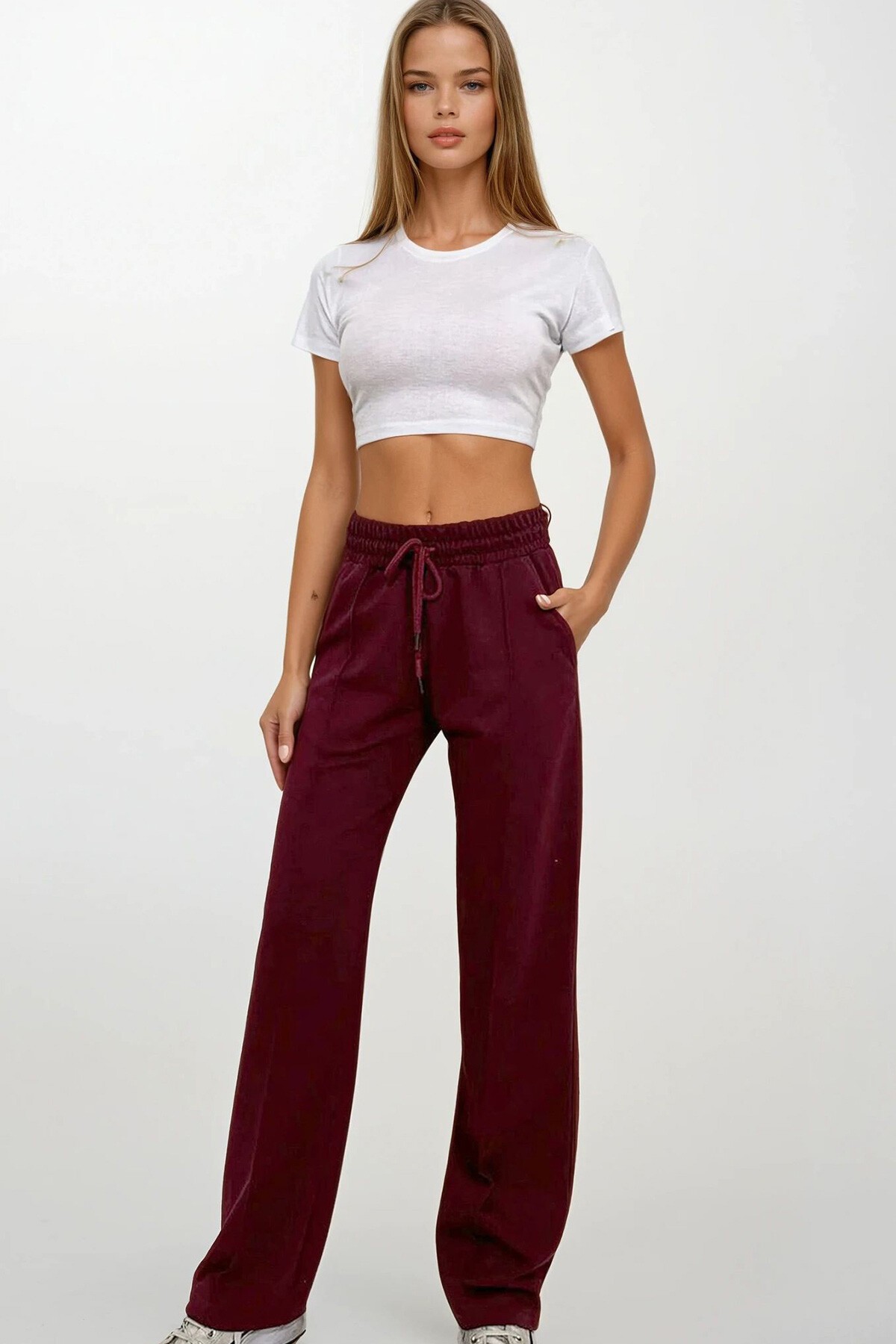 Bordo Yüksek Bel Önü Çimalı Bol Paça Çift Cepli Eşofman Altı