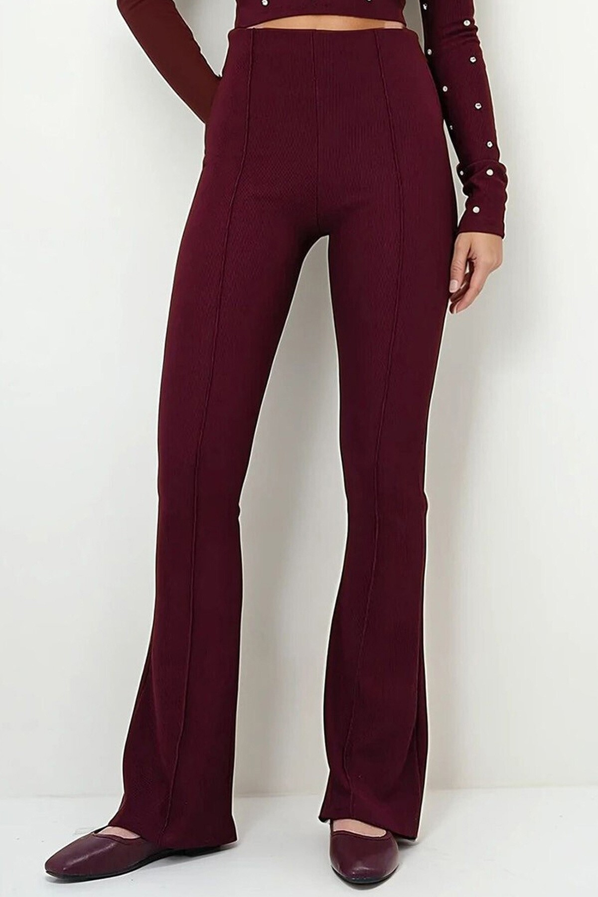 Bordo Yüksek Bel Önü Çimalı İspanyol Paça Likralı Pantolon