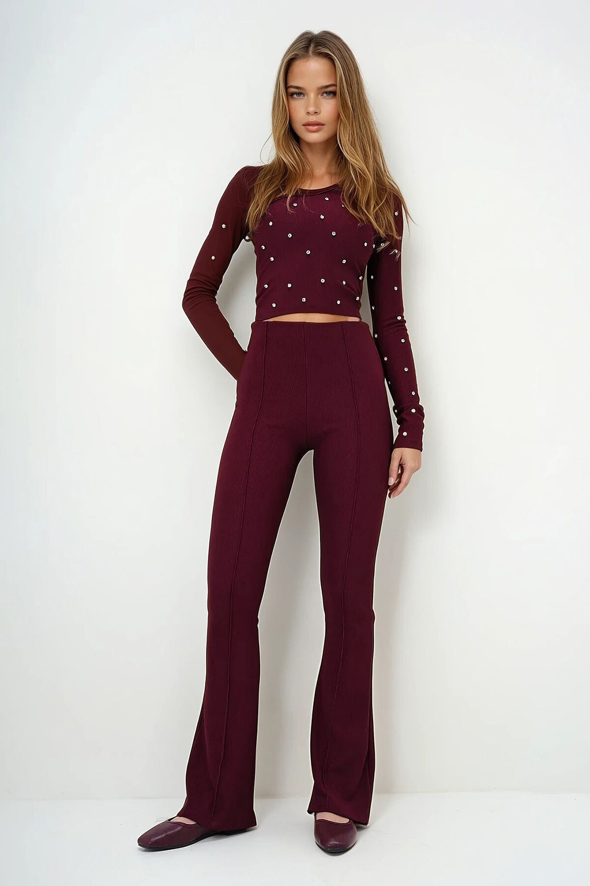 Bordo Yüksek Bel Önü Çimalı İspanyol Paça Likralı Pantolon