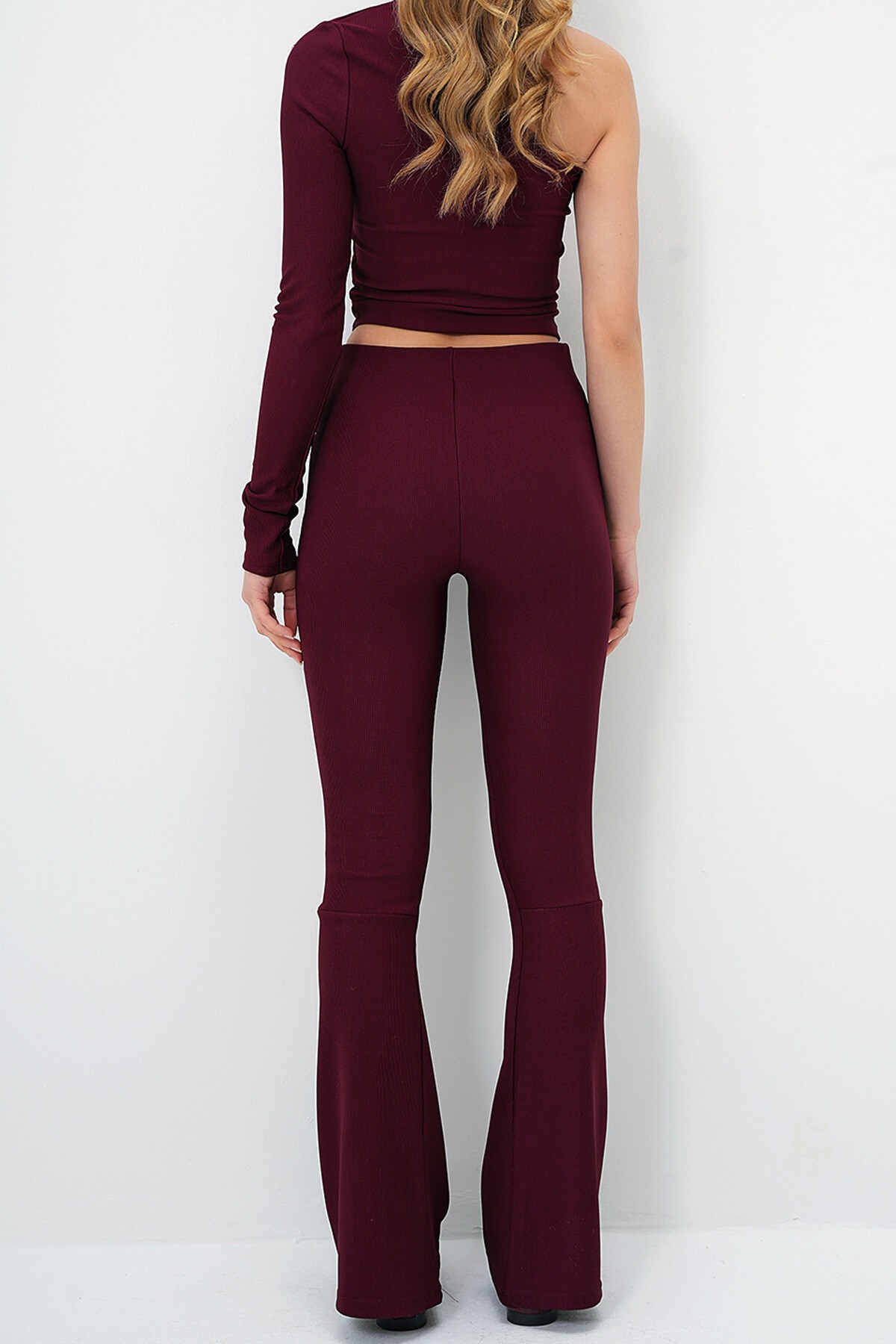 Bordo Yüksek Bel Önü Çimalı İspanyol Paça Likralı Pantolon