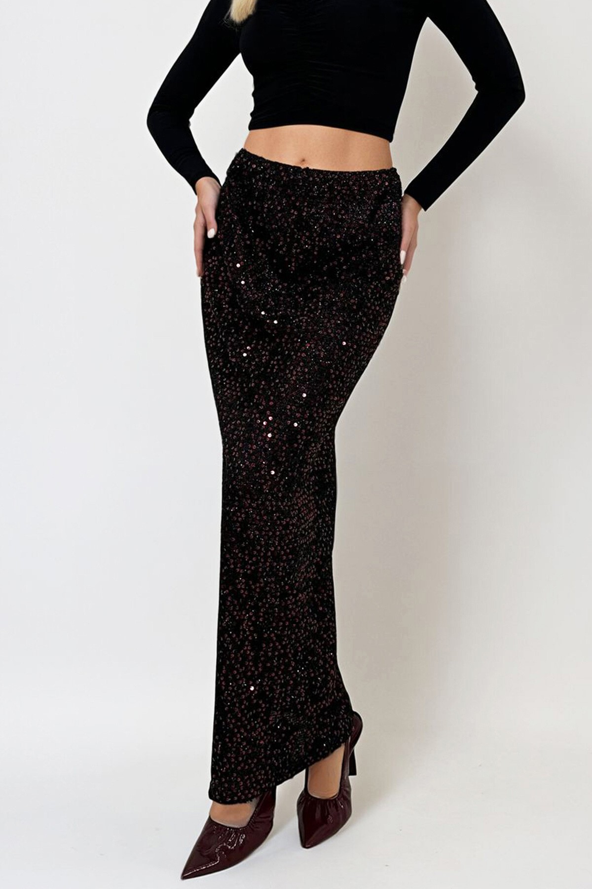 Bordo Yüksek Bel Pul Payet Maxi Boy Etek