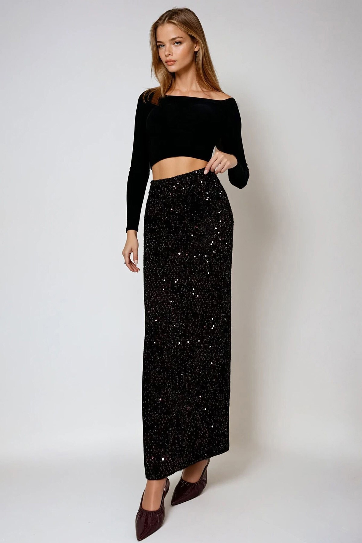 Bordo Yüksek Bel Pul Payet Maxi Boy Etek