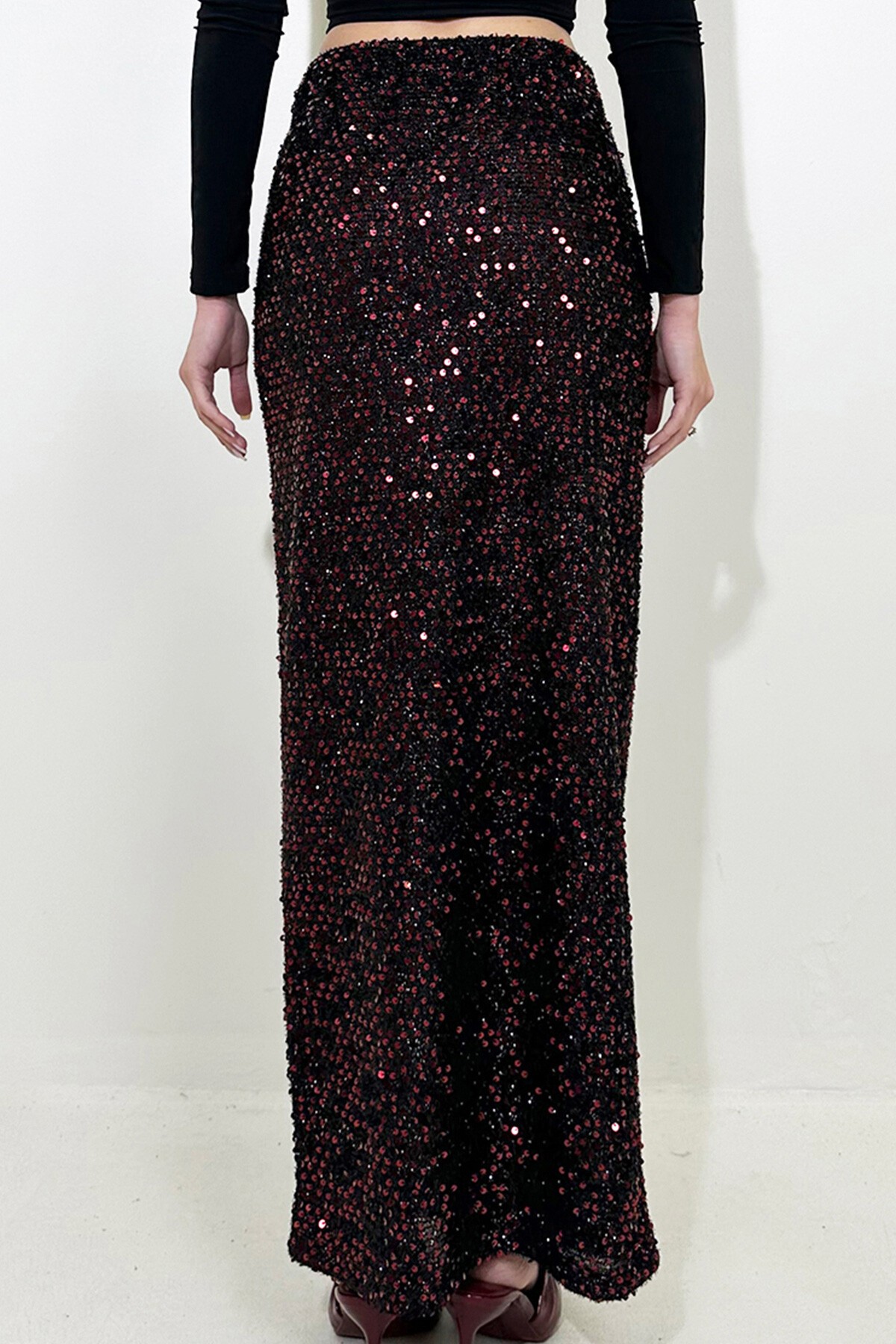 Bordo Yüksek Bel Pul Payet Maxi Boy Etek
