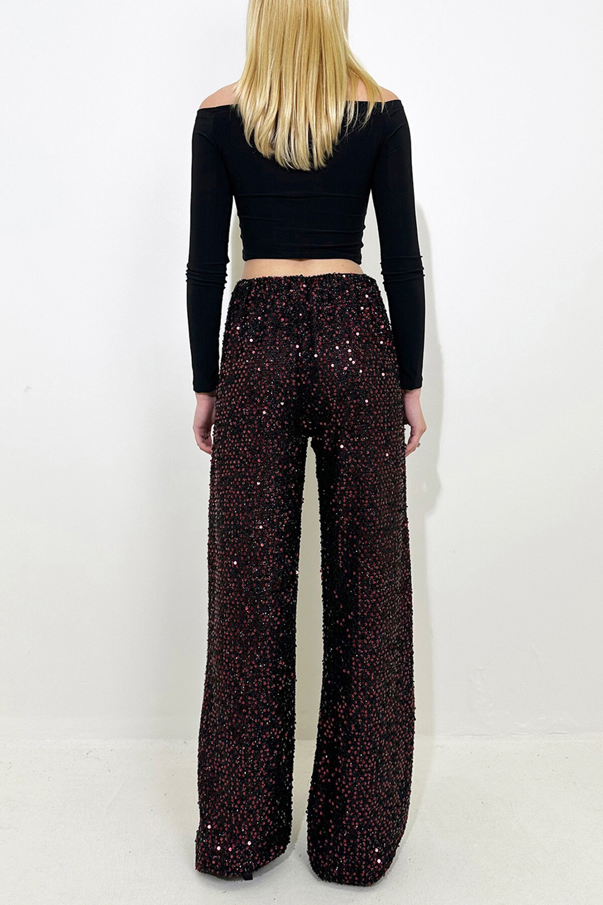 Bordo Yüksek Bel Pul Payet Palazzo Pantolon