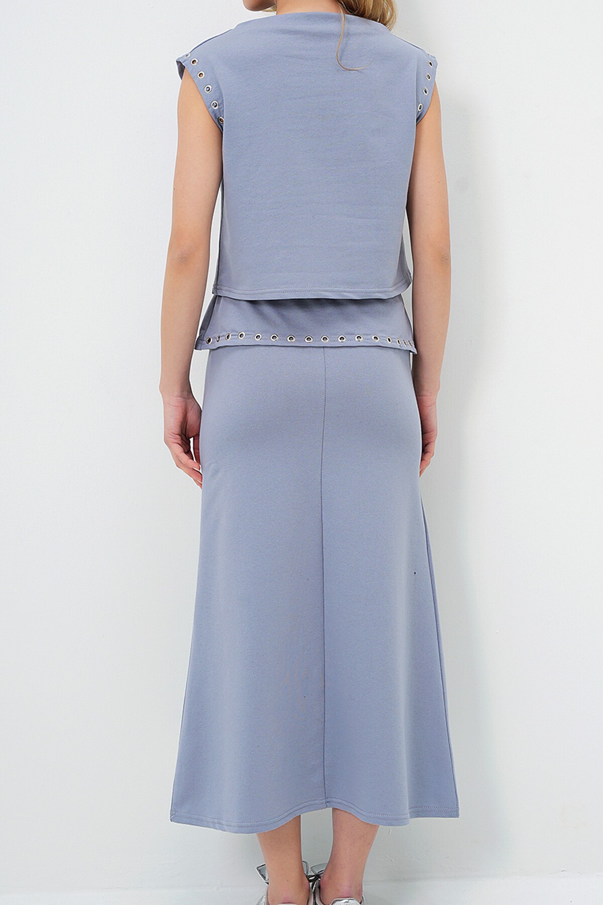 Boyalı Gri Halkalı Dik Yaka Bluz Ve Etek Takım