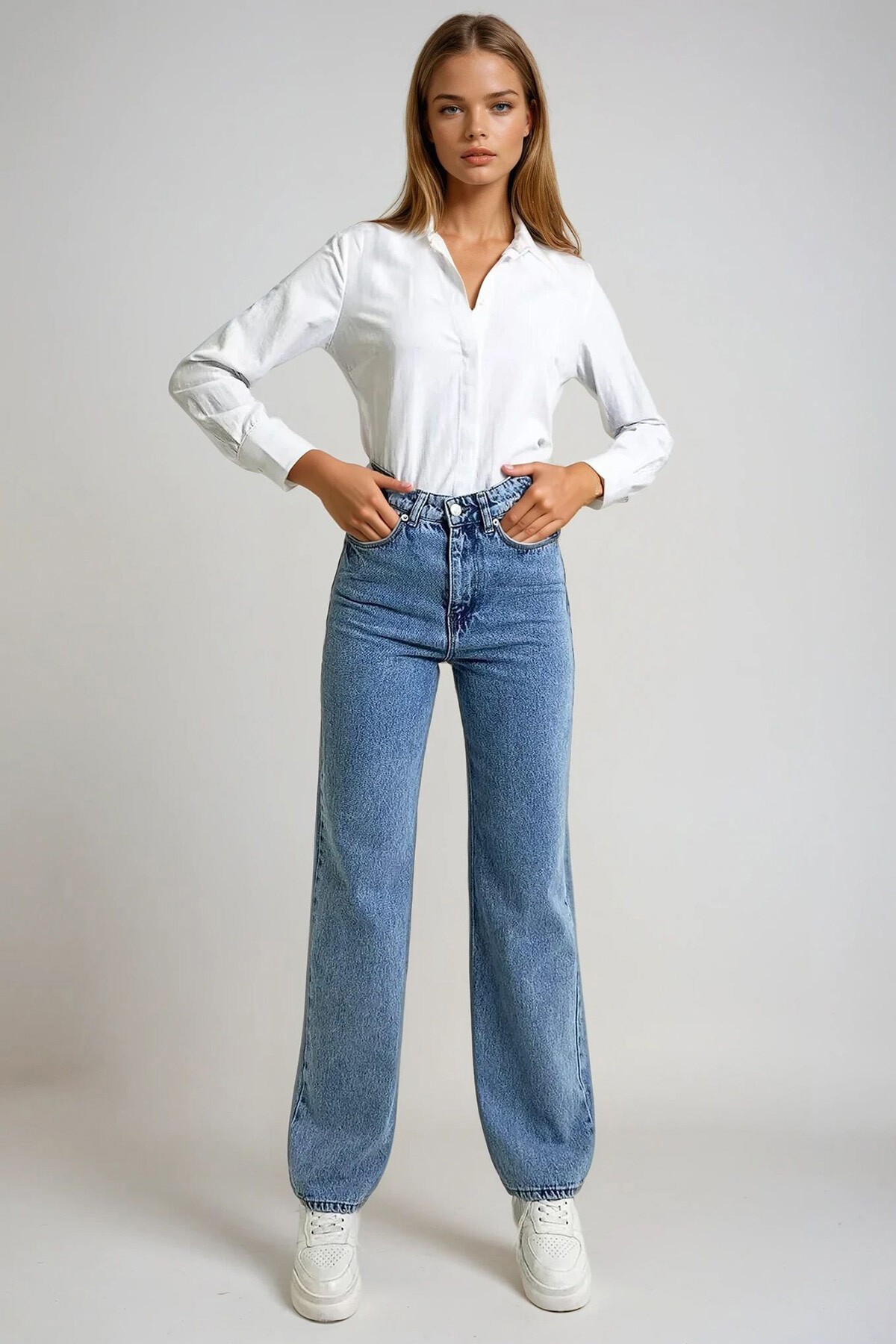 Buz Mavi Yüksek Bel Yıkamalı Palazzo Jean Pantolon