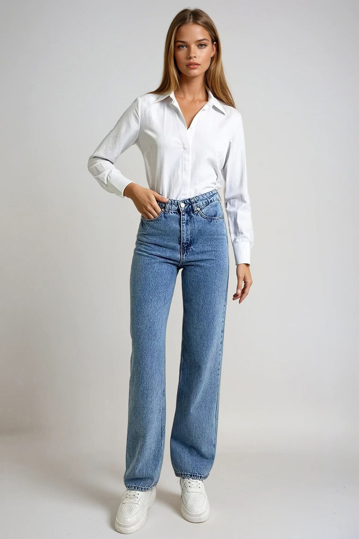 Buz Mavi Yüksek Bel Yıkamalı Palazzo Jean Pantolon