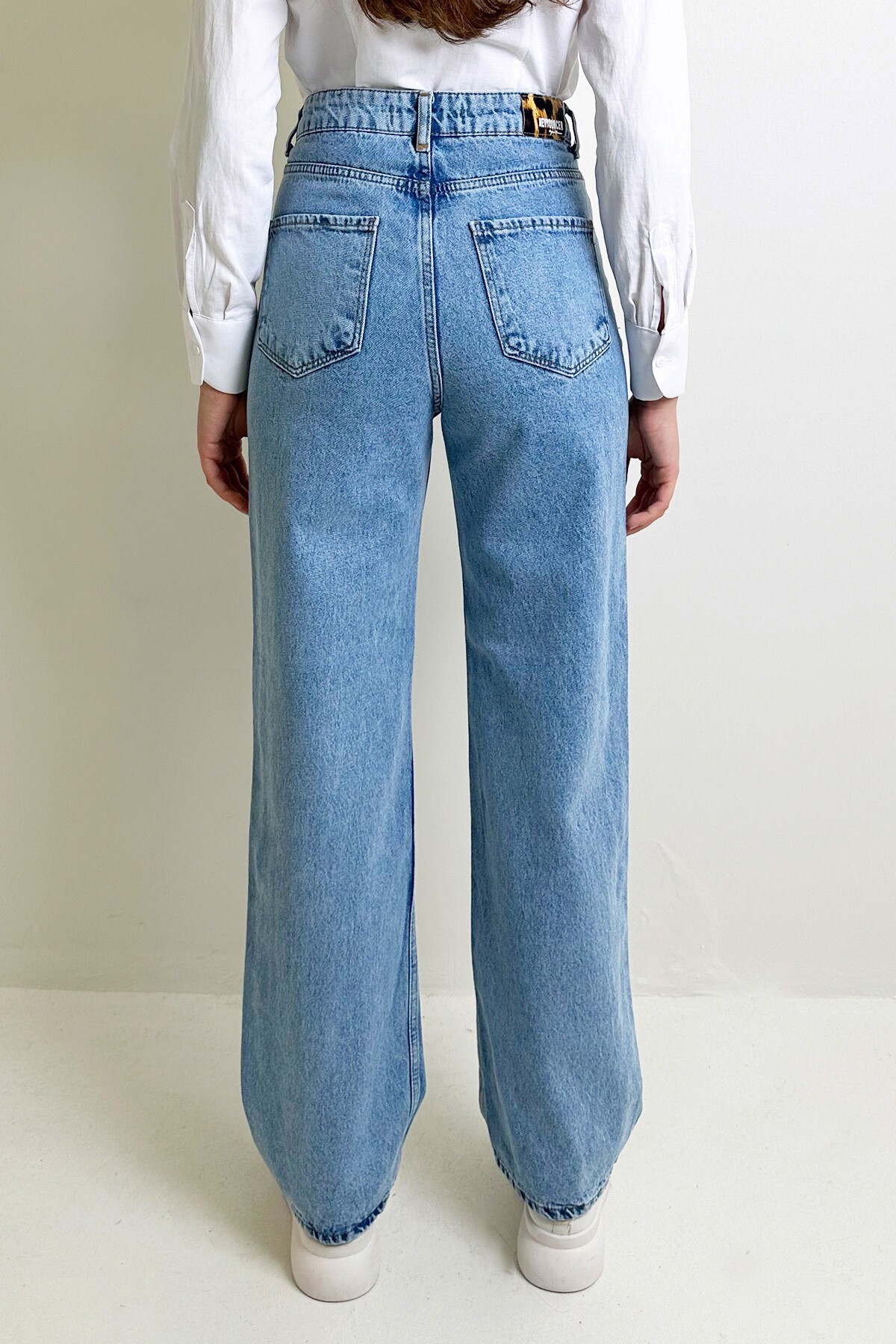 Buz Mavi Yüksek Bel Yıkamalı Palazzo Jean Pantolon