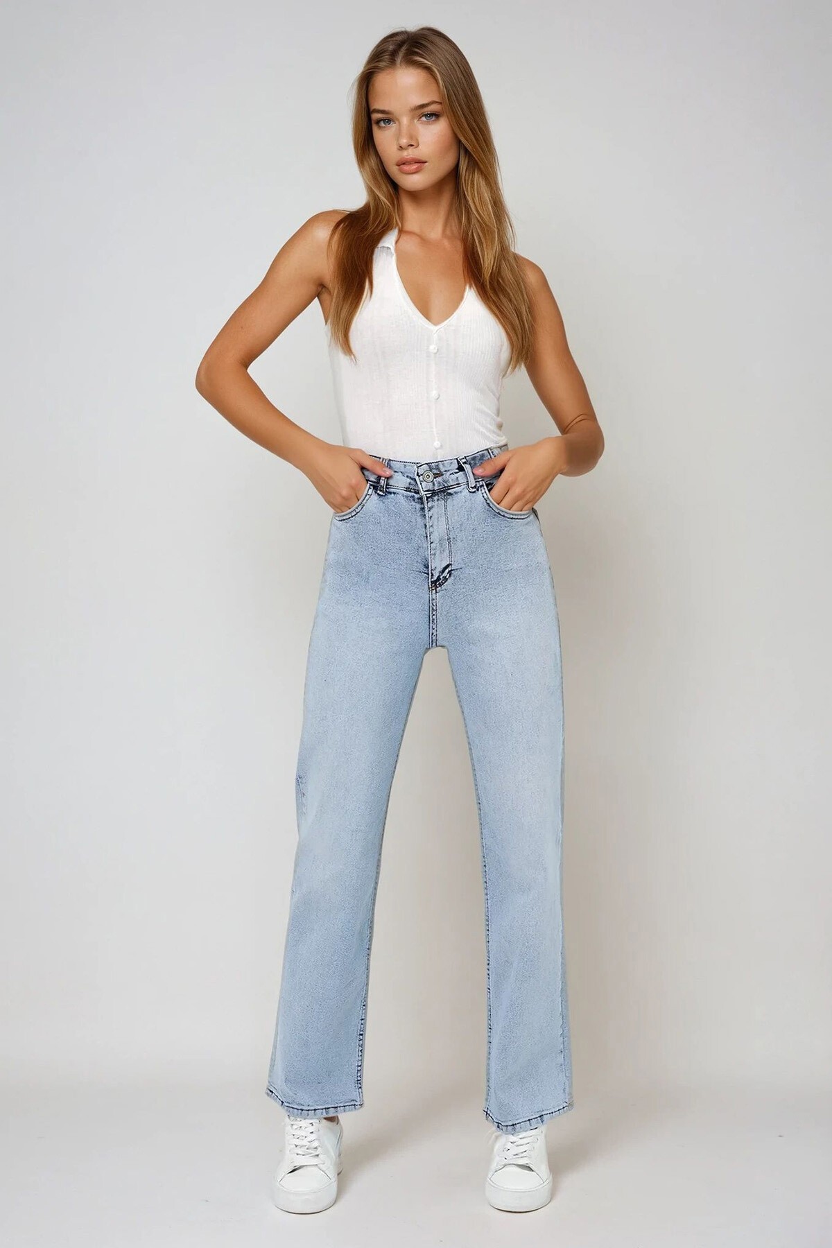 Buz Mavi Yüksek Bel Yıkamalı Wide Leg Jean Pantolon