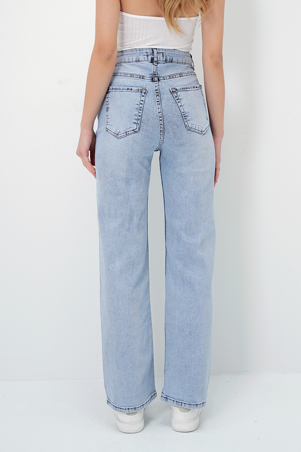 Buz Mavi Yüksek Bel Yıkamalı Wide Leg Jean Pantolon