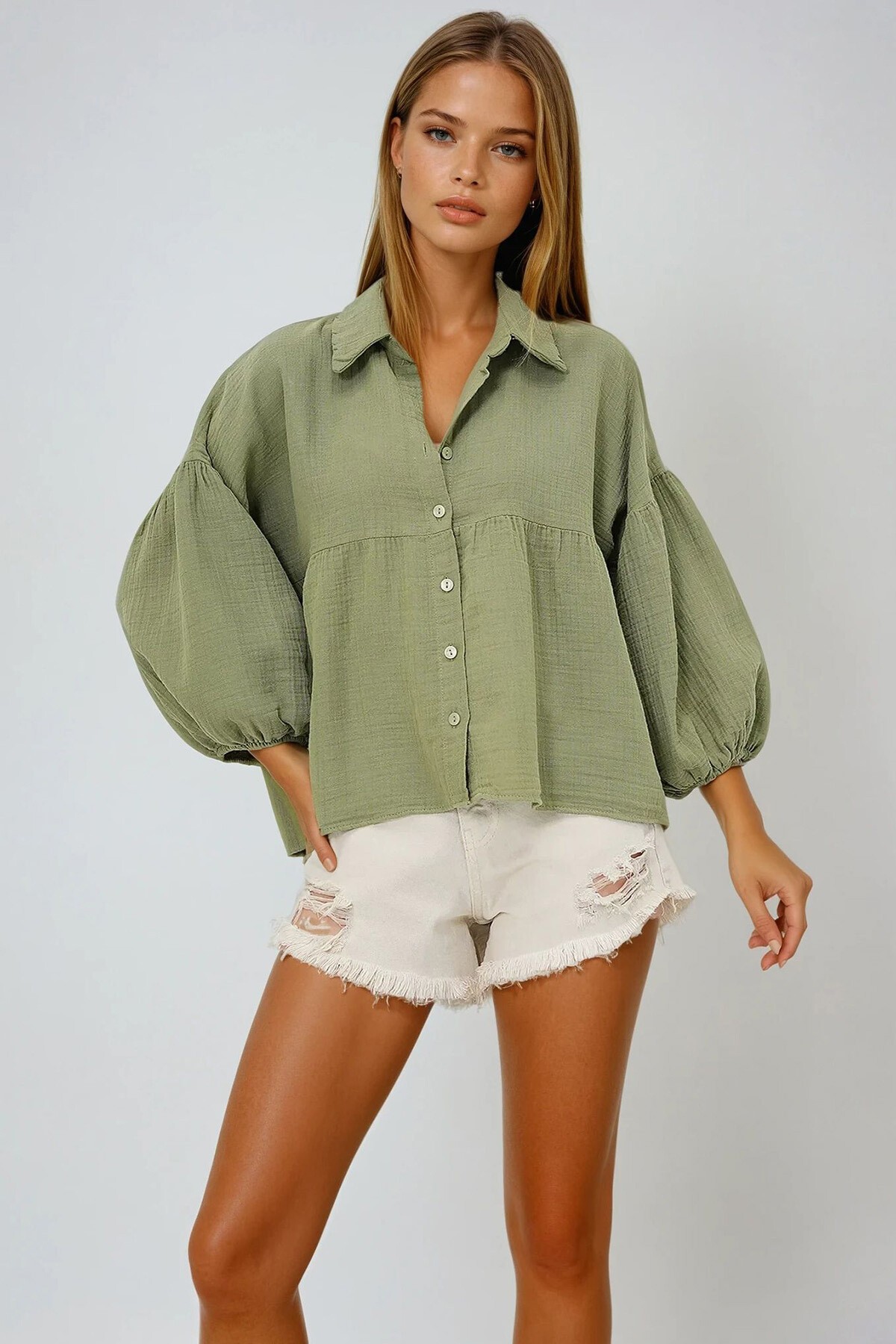 Çağla Yeşili Balon Kol Lastikli Eteği Volanlı Keten Gömlek