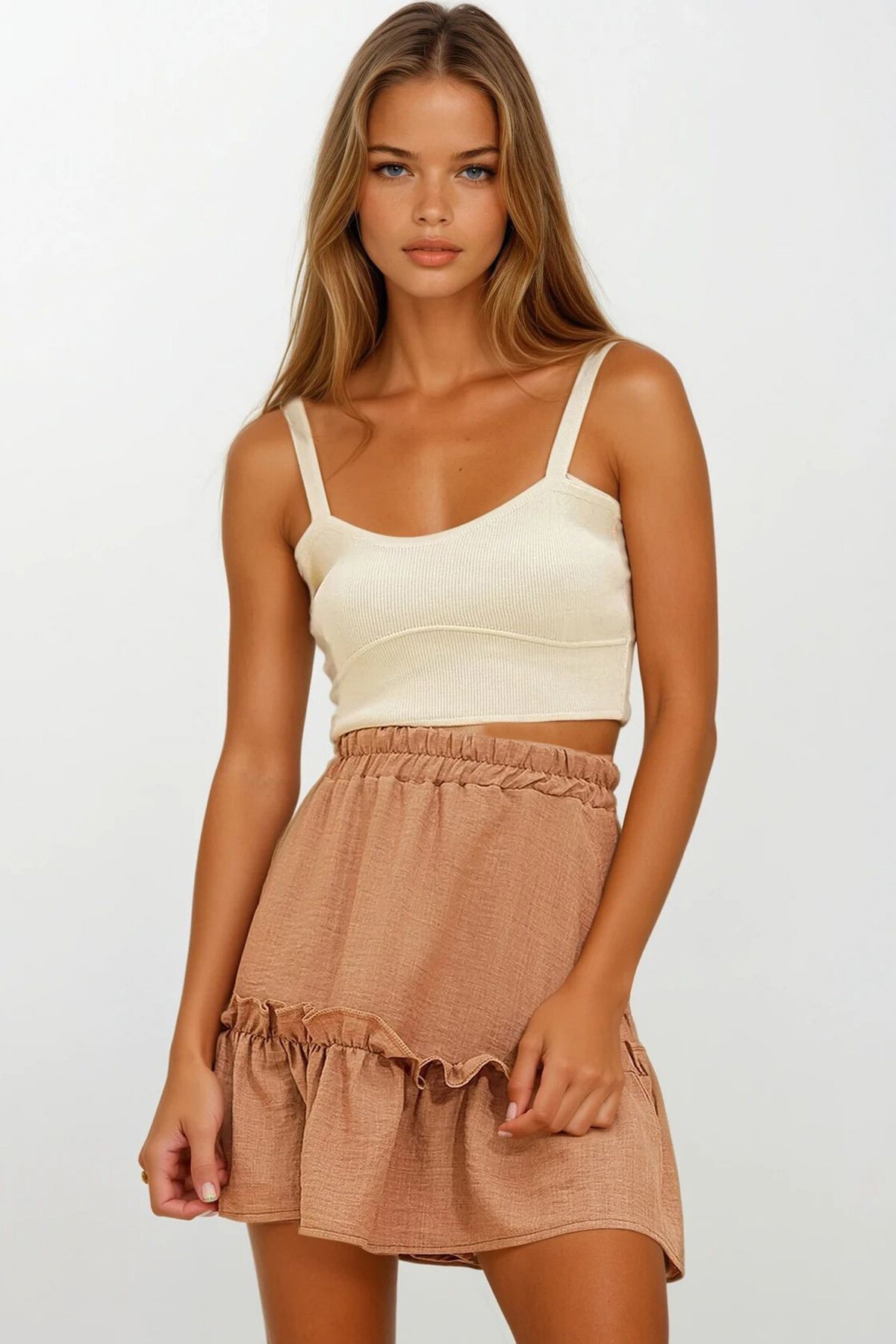 Camel Eteği Volanlı Dokuma Keten Etek